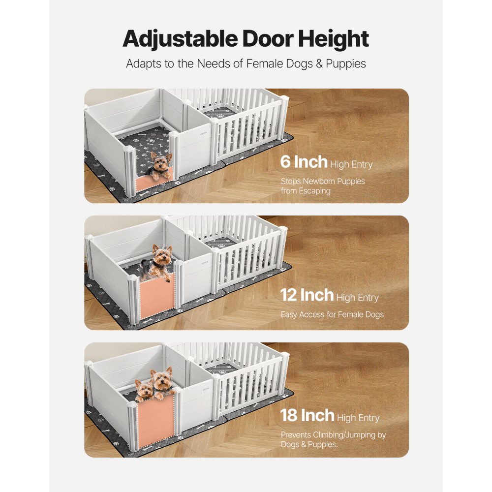 VEVOR Caja de Parto para Perros, Corral de Plástico 1865 x 970 x 500 mm con Puerta de Altura Ajustable, Almohadilla Impermeable para Orina, Kit de Parto Duradero para Perros Medianos, Gris