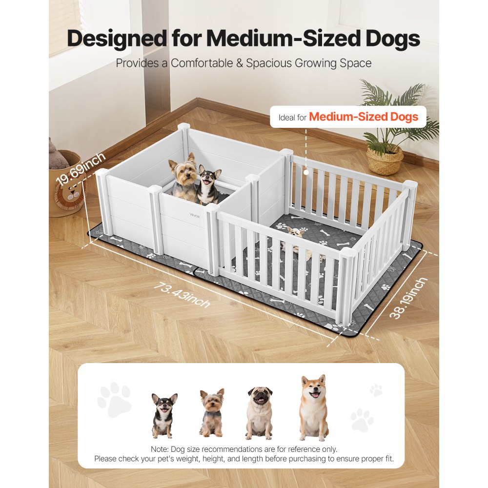 VEVOR Caja de Parto para Perros, Corral de Plástico 1865 x 970 x 500 mm con Puerta de Altura Ajustable, Almohadilla Impermeable para Orina, Kit de Parto Duradero para Perros Medianos, Gris