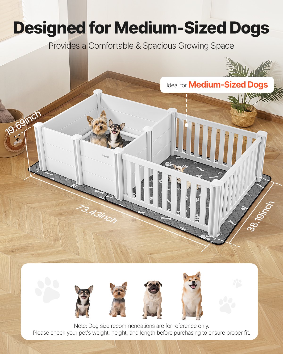 VEVOR Caja de Parto para Perros, Corral de Plástico 1865 x 970 x 500 mm con Puerta de Altura Ajustable, Almohadilla Impermeable para Orina, Kit de Parto Duradero para Perros Medianos, Gris