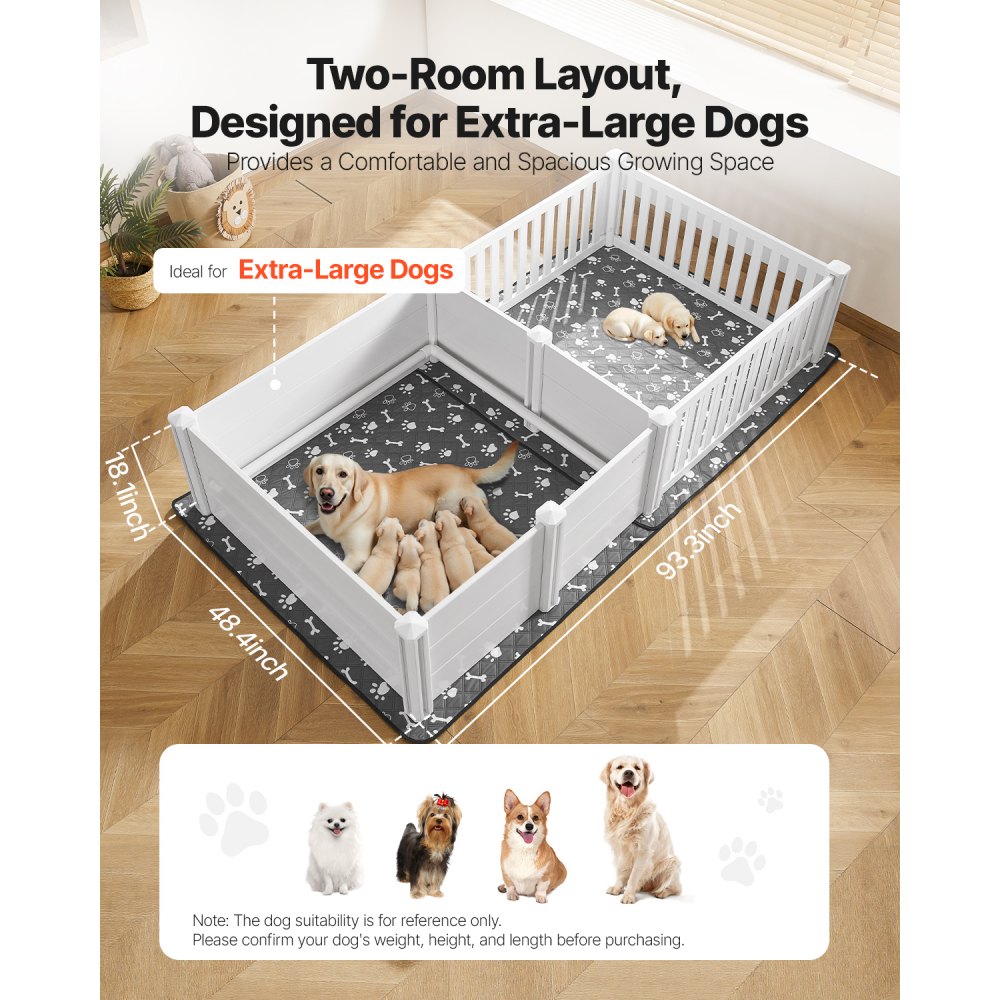 VEVOR Caja de Parto para Perros de Plástico PVC 237x123x46 cm para Perros Extragrandes 2 Habitaciones con Puerta de Altura Ajustable y Almohadilla Lavable para Orina Ideal para Cachorros de Interior