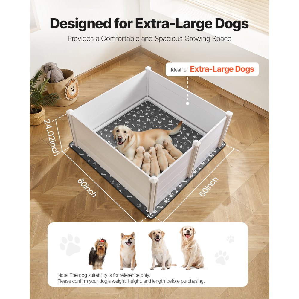 VEVOR Caja de Parto para Perros de Plástico PVC 152 x 152 x 61 cm para Perros Extragrandes con Puerta de Altura Ajustable y Almohadilla Lavable para Orina Ideal para Cachorros de Interior, Blanco