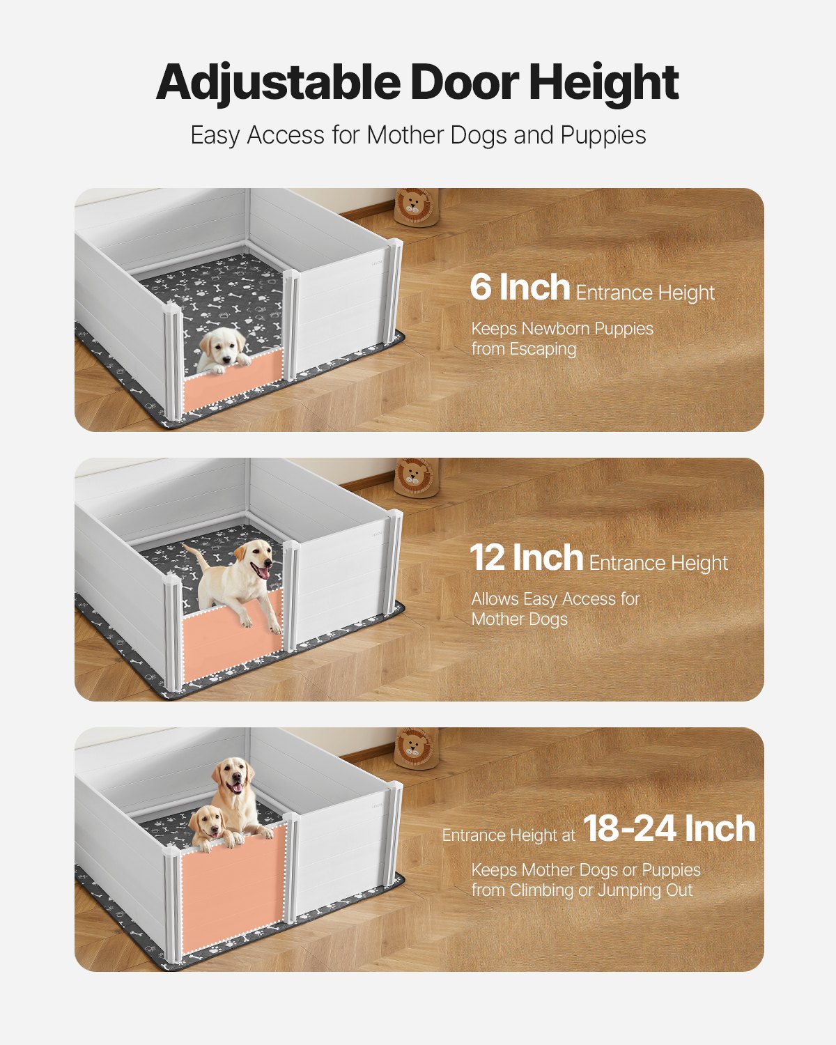 VEVOR Caja de Parto para Perros de Plástico PVC 152 x 152 x 61 cm para Perros Extragrandes con Puerta de Altura Ajustable y Almohadilla Lavable para Orina Ideal para Cachorros de Interior, Blanco