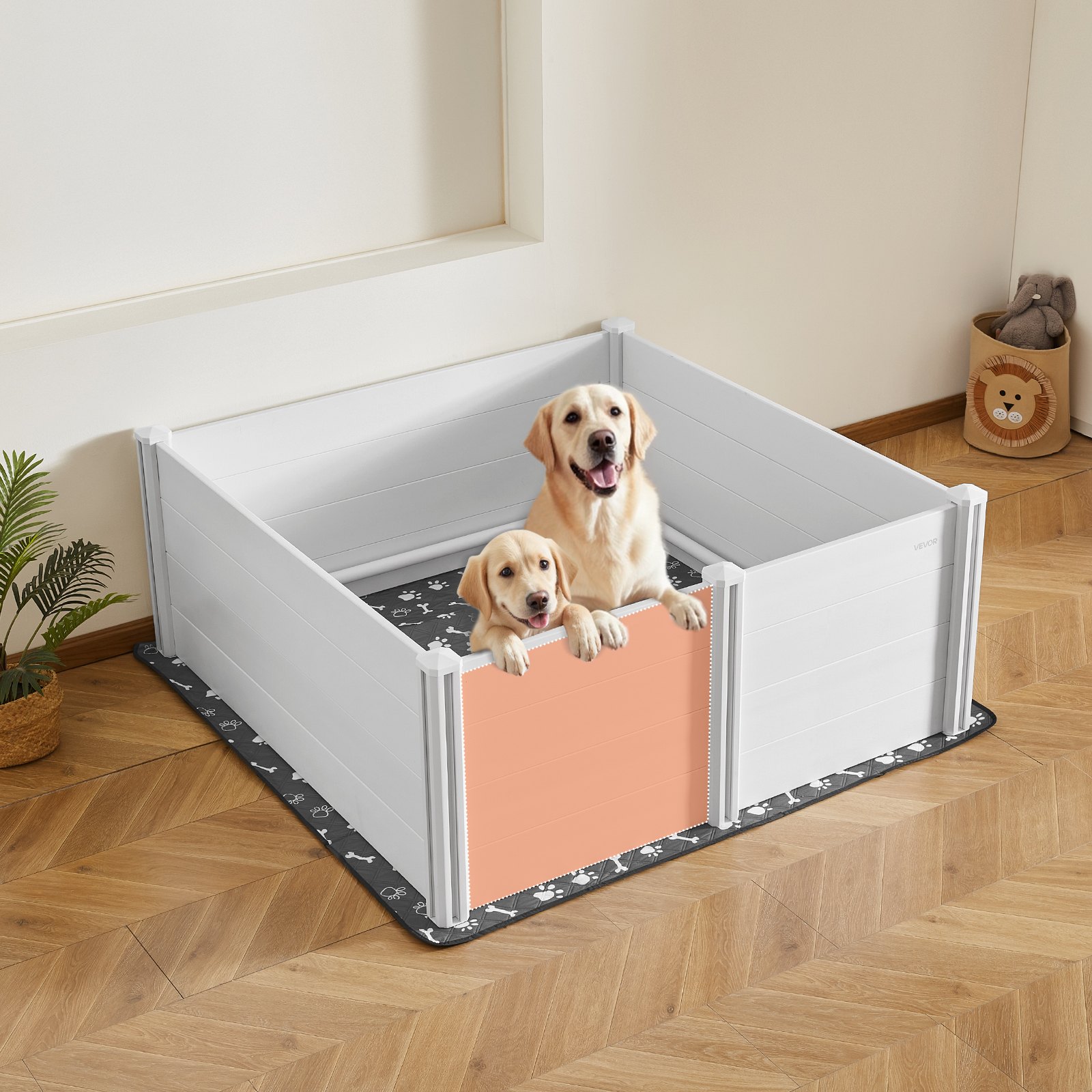 VEVOR Caja de Parto para Perros de Plástico PVC 152 x 152 x 61 cm para Perros Extragrandes con Puerta de Altura Ajustable y Almohadilla Lavable para Orina Ideal para Cachorros de Interior, Blanco