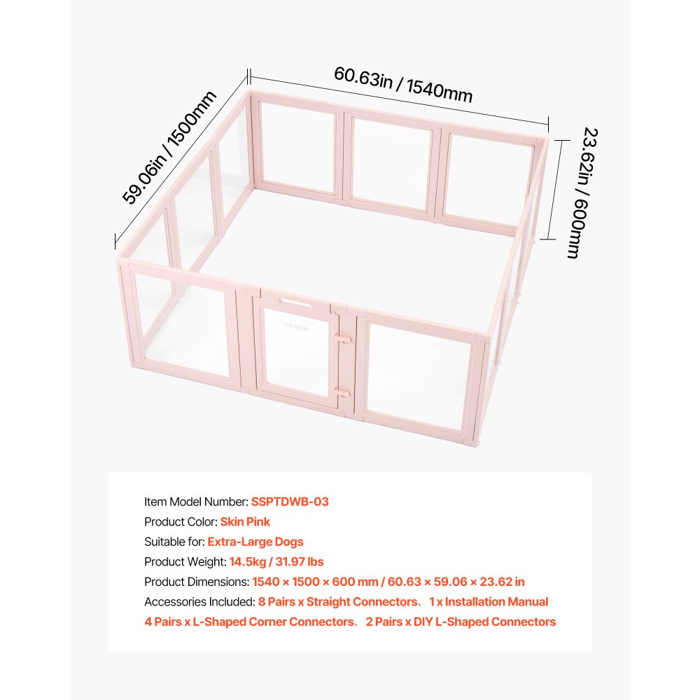 VEVOR Caja de Parto para Perros, 154 x 150 x 60 cm, Caja de Parto para Perro de Plástico Impermeable con Ventanas y Cerradura, Ideal para el Nacimiento de Perros y Gatos en Interiores, Rosa Claro