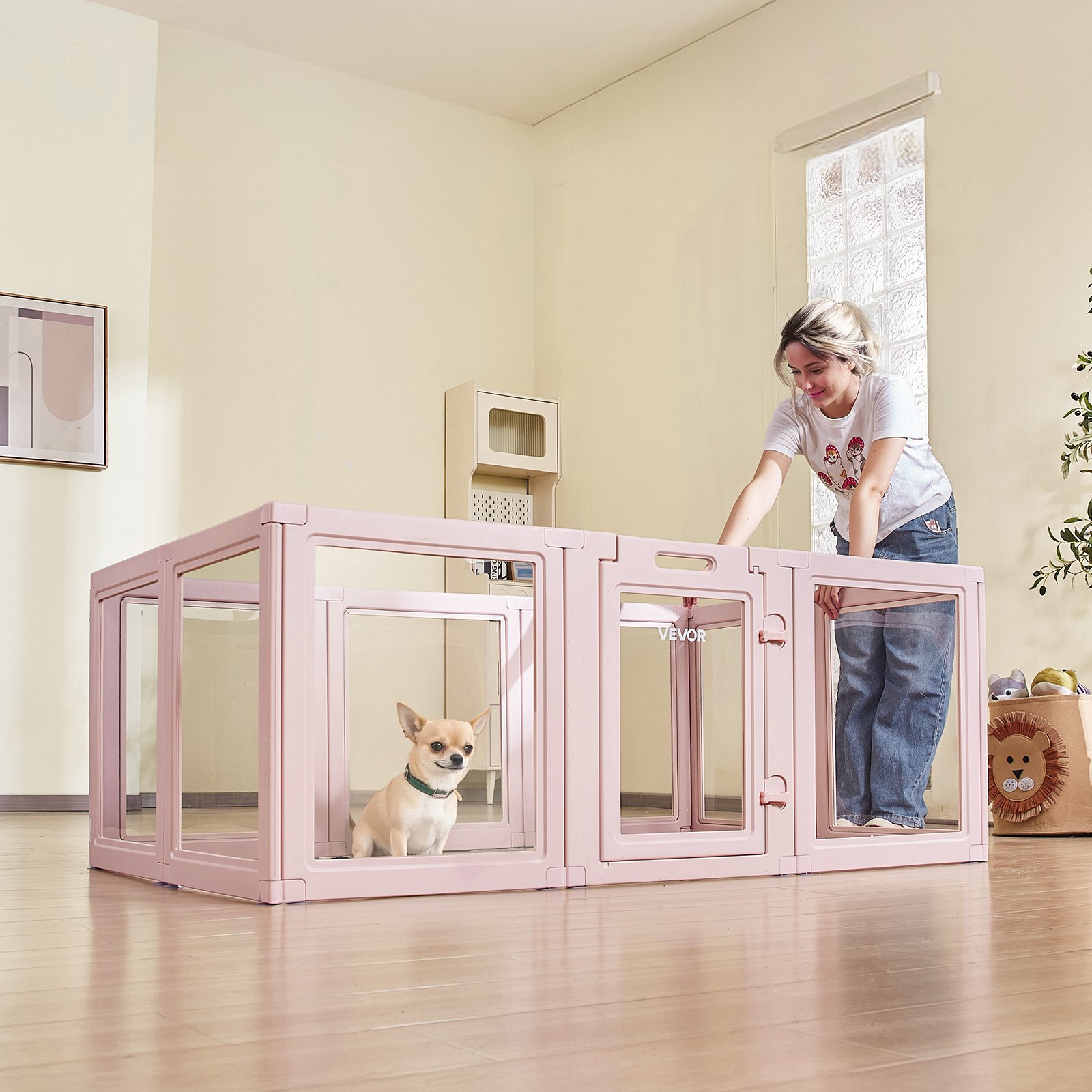 VEVOR Caja de Parto para Perros, Caja de Parto Impermeable 1540 x 1000 x 600 mm de Plástico para Perros Medianos con Ventanas y Cerradura para el Nacimiento de Perro y gato en Interiores, Rosa
