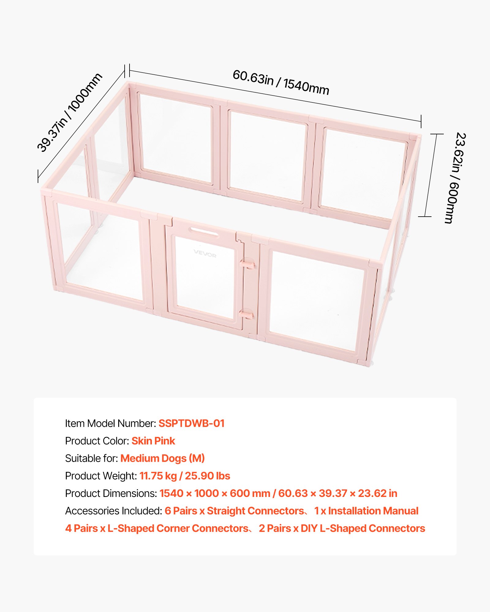 VEVOR Caja de Parto para Perros, Caja de Parto Impermeable 1540 x 1000 x 600 mm de Plástico para Perros Medianos con Ventanas y Cerradura para el Nacimiento de Perro y gato en Interiores, Rosa