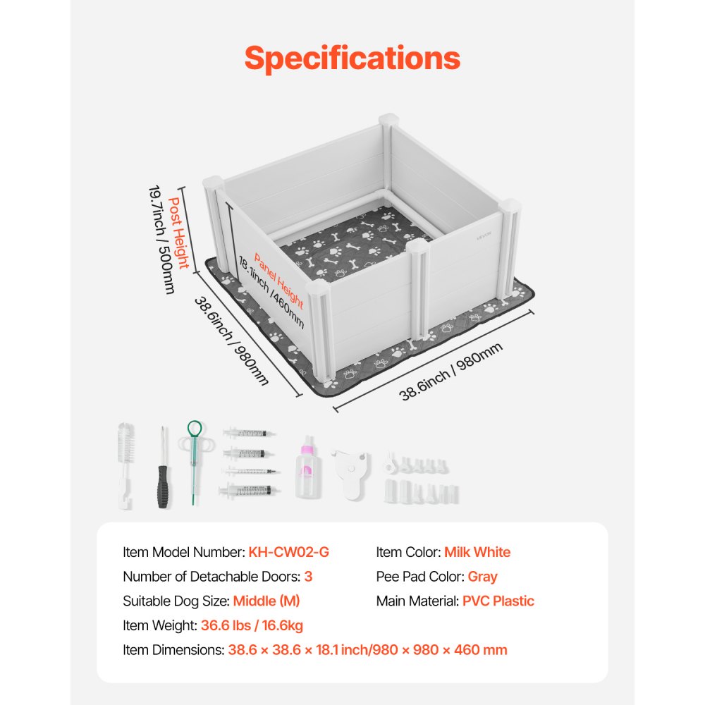 VEVOR whelping box for dogs, 98x98x46cm, puppy playpen made of PVC plastic with height-adjustable door & washable pee pad, deformation-resistant puppy box for medium-sized dogs, milk white