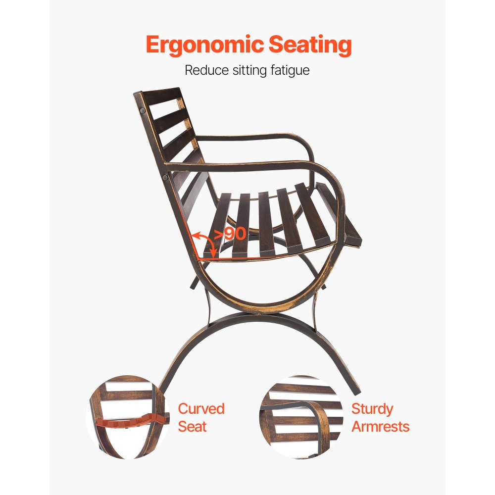 VEVOR Outdoor Bench, 127 cm, Carbon Steel Metal Frame with Slatted Pattern Backrest and Round Edge Armrests, Weatherproof Outside Bench for Patio, Garden, Park, Yard, Front Porch, Antique Bronze