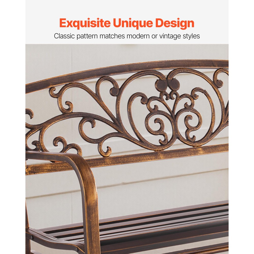 VEVOR Banco de Jardín de Metal 127 cm con Estructura de Acero al Carbono, Respaldo de Hierro Fundid, Reposabrazos, Banco para Exterior, Ideal para Patio, Jardín, Parque, Porche, Color Bronce Antiguo