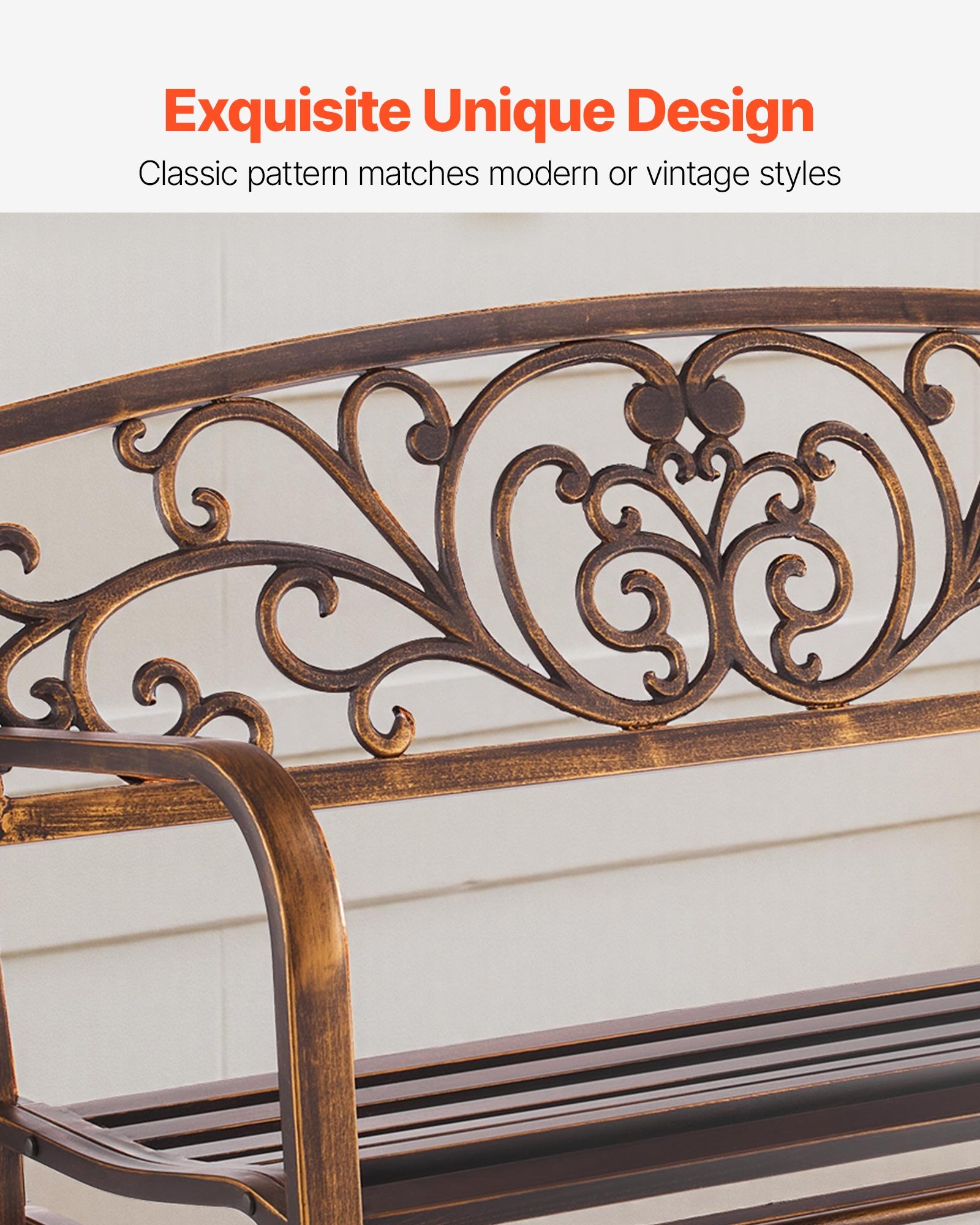 VEVOR Banco de Jardín de Metal 127 cm con Estructura de Acero al Carbono, Respaldo de Hierro Fundid, Reposabrazos, Banco para Exterior, Ideal para Patio, Jardín, Parque, Porche, Color Bronce Antiguo
