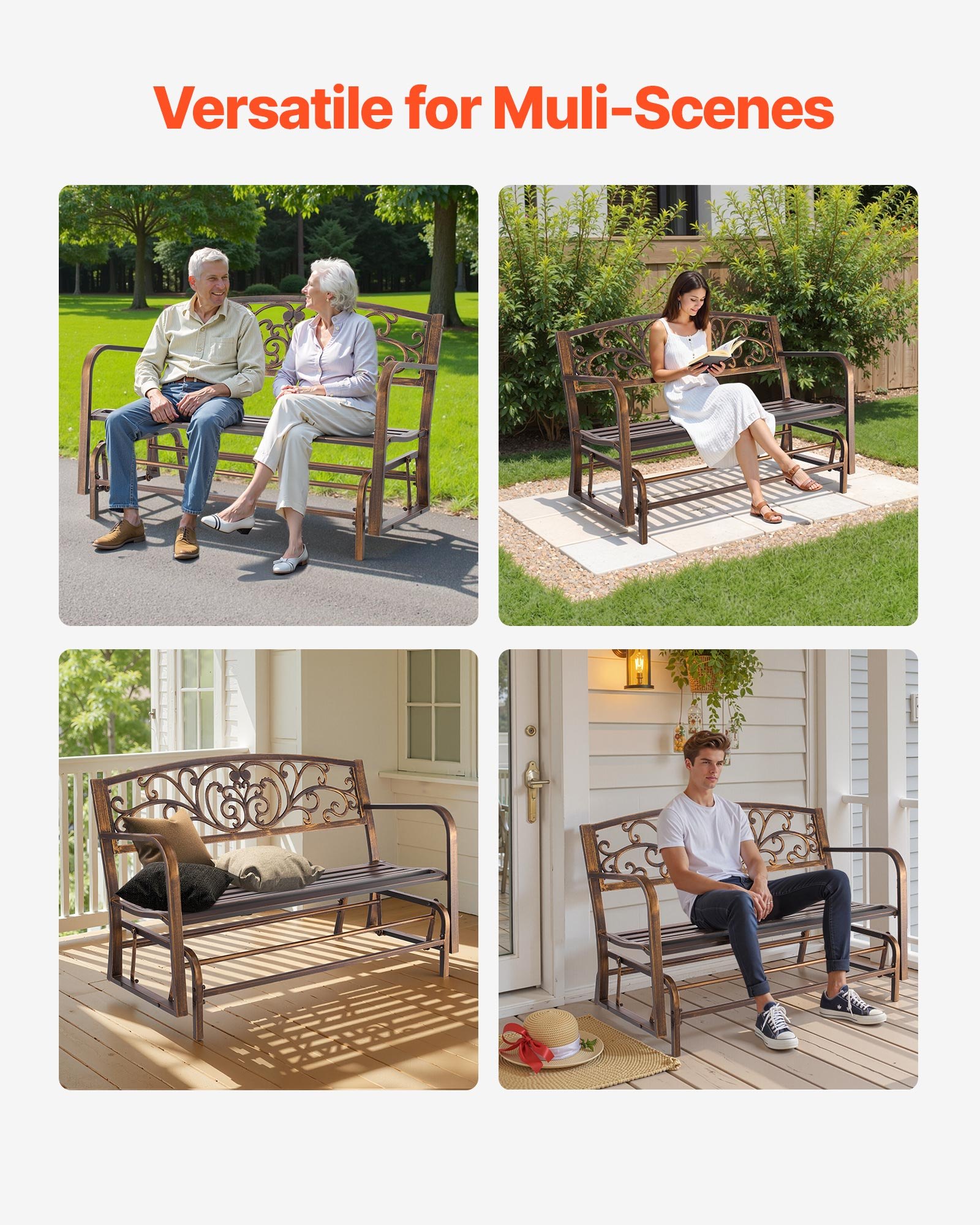 VEVOR Banco de Jardín de Metal 127 cm con Estructura de Acero al Carbono, Respaldo de Hierro Fundid, Reposabrazos, Banco para Exterior, Ideal para Patio, Jardín, Parque, Porche, Color Bronce Antiguo