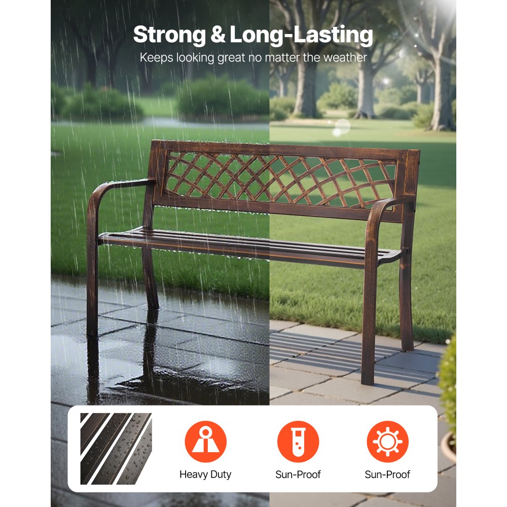 VEVOR Banco de Jardín de Metal 116 cm con Estructura de Acero al Carbono, Respaldo de Malla de PVC, Reposabrazos, Banco para Exterior, Ideal para Patio, Jardín, Parque, Porche, Color Bronce Antiguo