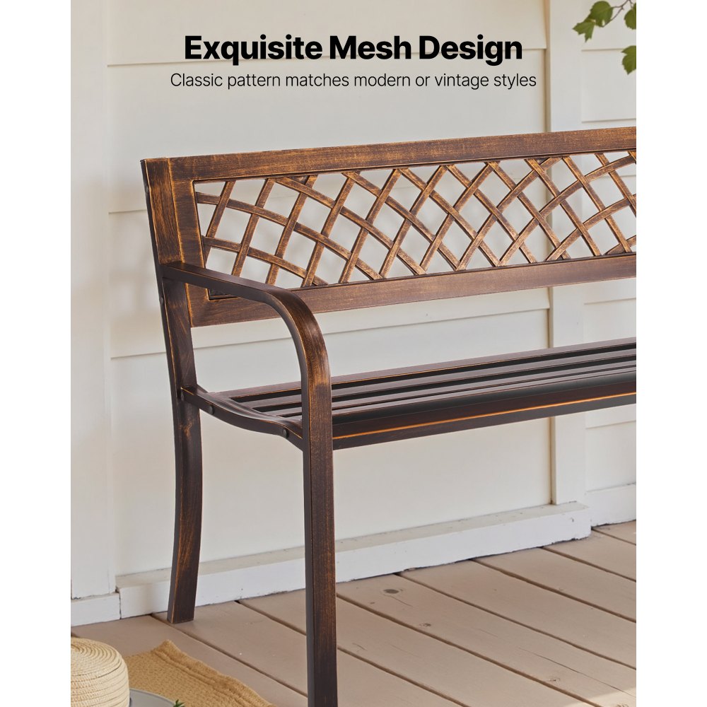 VEVOR Banco de Jardín de Metal 116 cm con Estructura de Acero al Carbono, Respaldo de Malla de PVC, Reposabrazos, Banco para Exterior, Ideal para Patio, Jardín, Parque, Porche, Color Bronce Antiguo