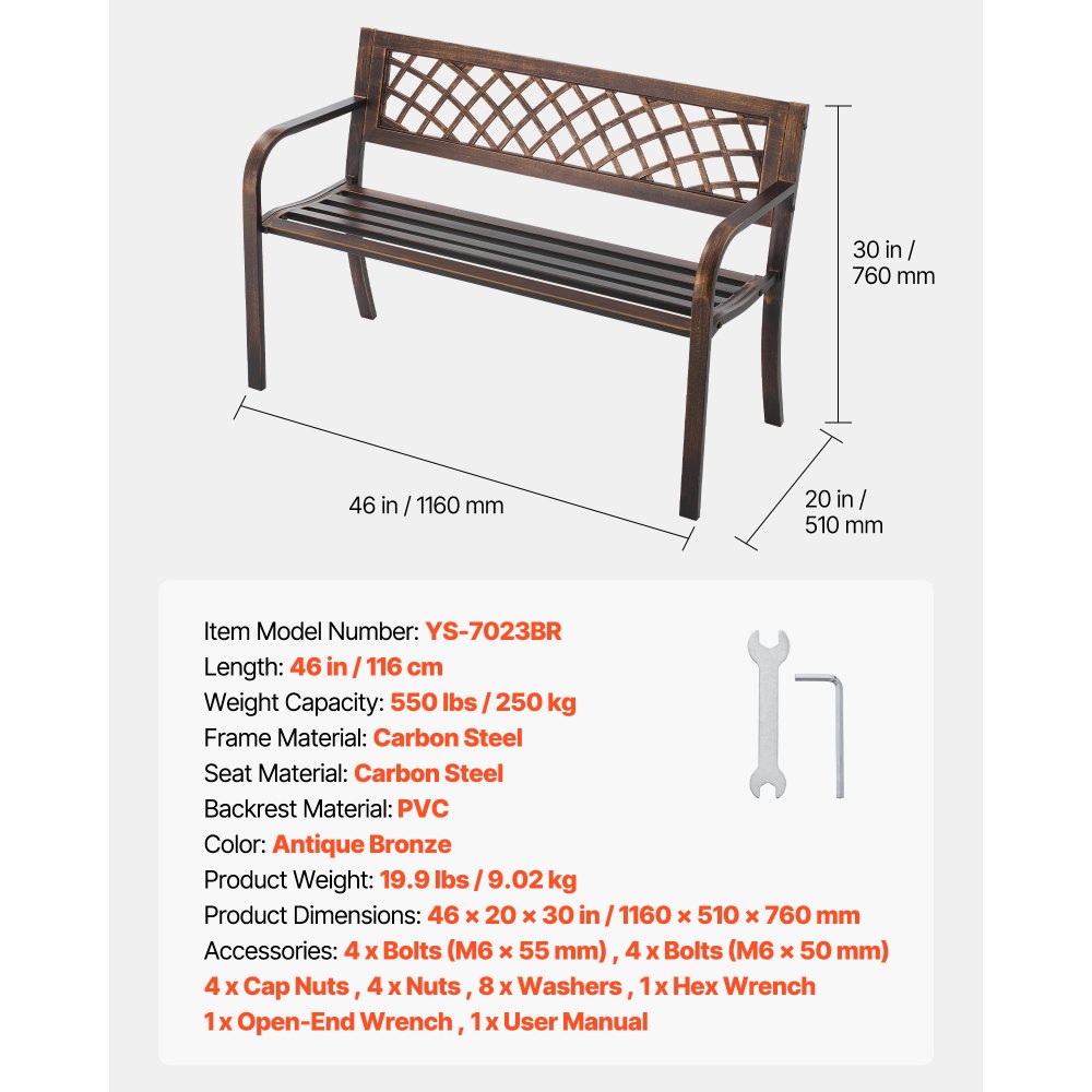 VEVOR Banco de Jardín de Metal 116 cm con Estructura de Acero al Carbono, Respaldo de Malla de PVC, Reposabrazos, Banco para Exterior, Ideal para Patio, Jardín, Parque, Porche, Color Bronce Antiguo