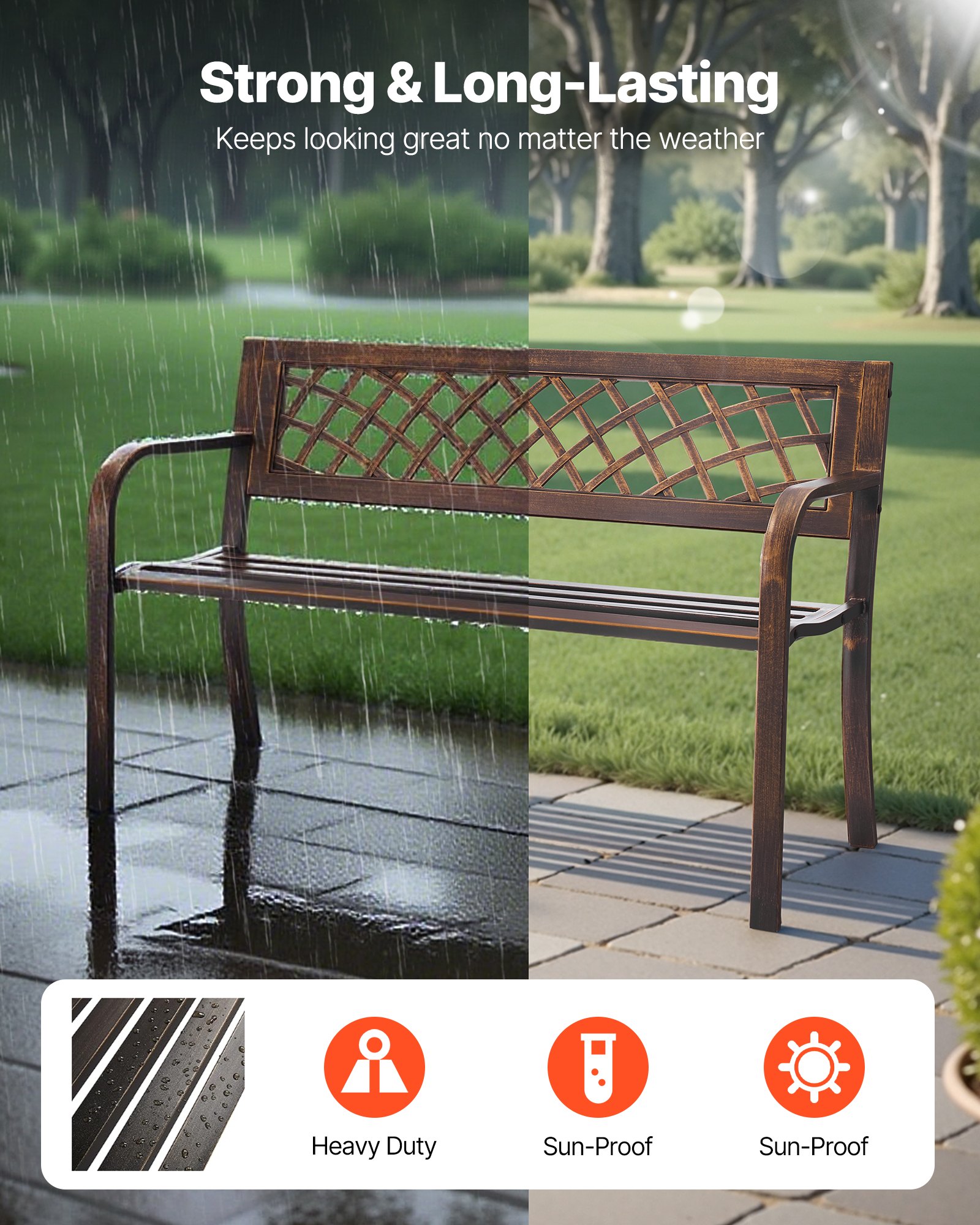 VEVOR Banco de Jardín de Metal 116 cm con Estructura de Acero al Carbono, Respaldo de Malla de PVC, Reposabrazos, Banco para Exterior, Ideal para Patio, Jardín, Parque, Porche, Color Bronce Antiguo