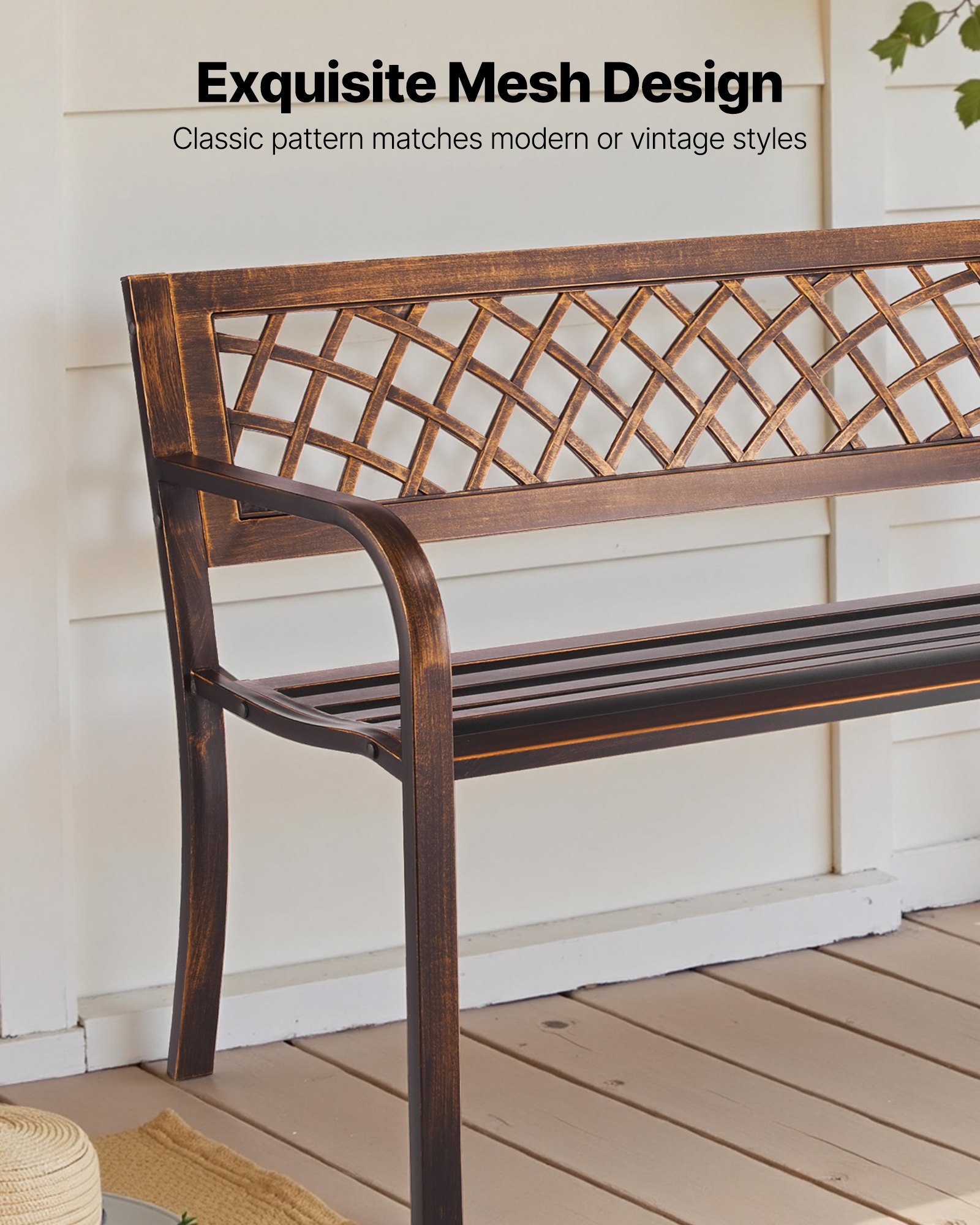 VEVOR Banco de Jardín de Metal 116 cm con Estructura de Acero al Carbono, Respaldo de Malla de PVC, Reposabrazos, Banco para Exterior, Ideal para Patio, Jardín, Parque, Porche, Color Bronce Antiguo