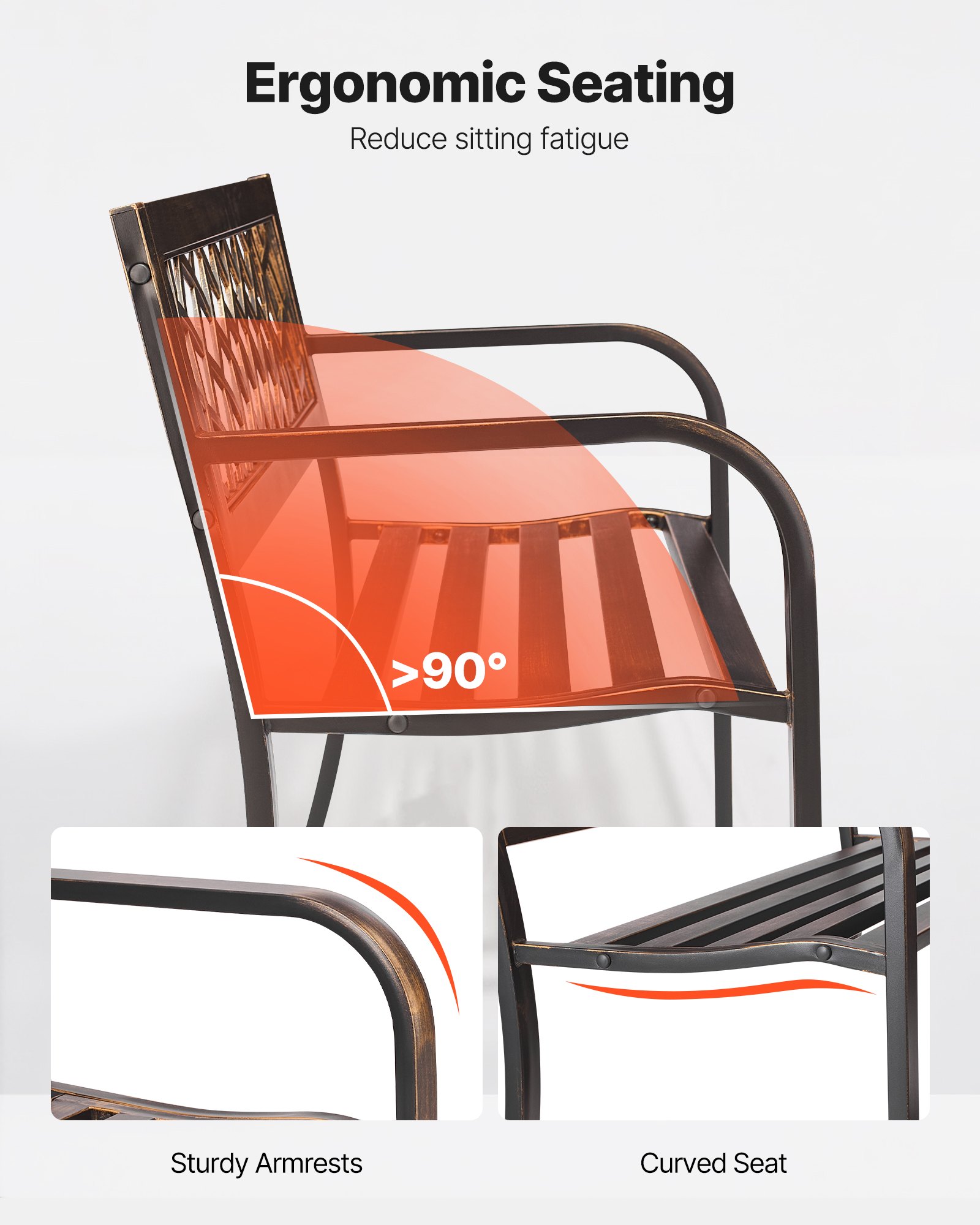 VEVOR Banco de Jardín de Metal 116 cm con Estructura de Acero al Carbono, Respaldo de Malla de PVC, Reposabrazos, Banco para Exterior, Ideal para Patio, Jardín, Parque, Porche, Color Bronce Antiguo
