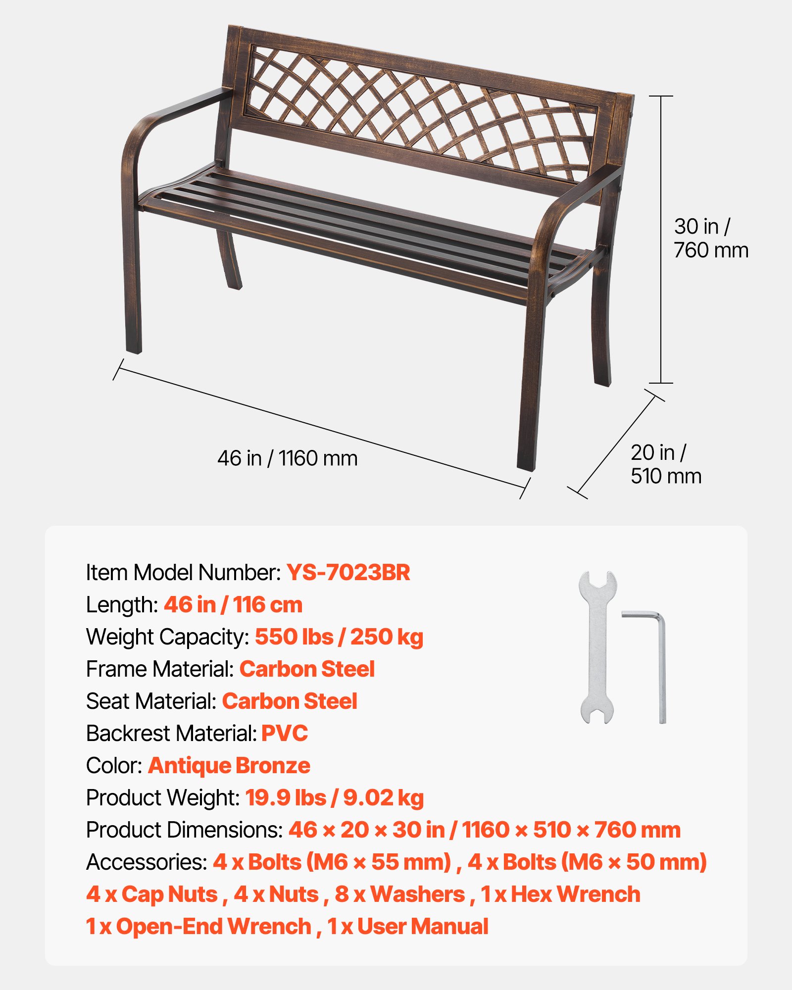 VEVOR Banco de Jardín de Metal 116 cm con Estructura de Acero al Carbono, Respaldo de Malla de PVC, Reposabrazos, Banco para Exterior, Ideal para Patio, Jardín, Parque, Porche, Color Bronce Antiguo