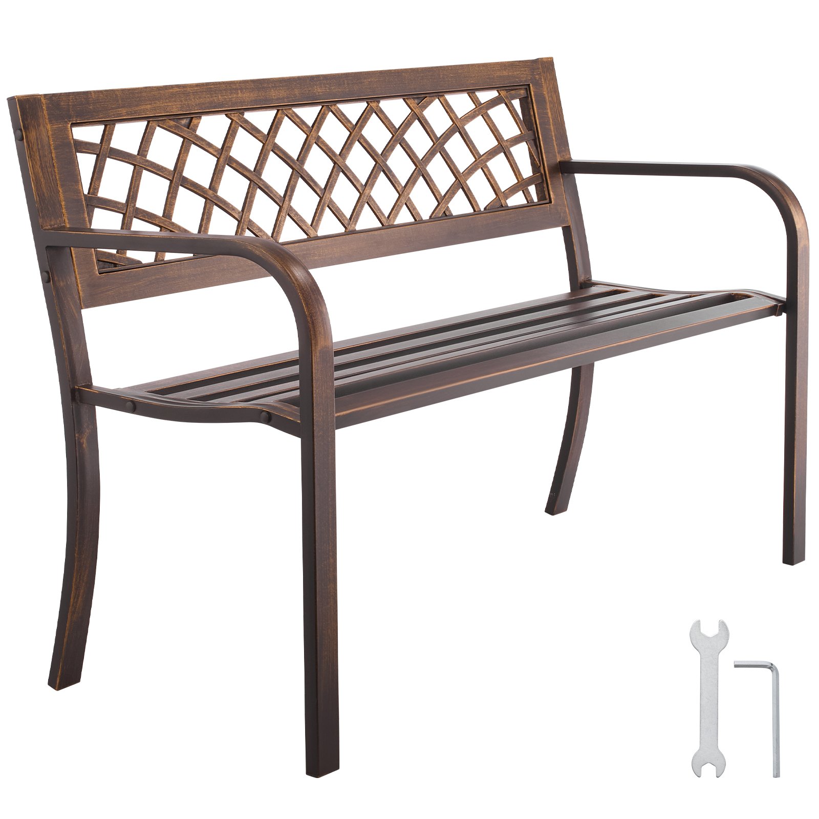 VEVOR Banco de Jardín de Metal 116 cm con Estructura de Acero al Carbono, Respaldo de Malla de PVC, Reposabrazos, Banco para Exterior, Ideal para Patio, Jardín, Parque, Porche, Color Bronce Antiguo