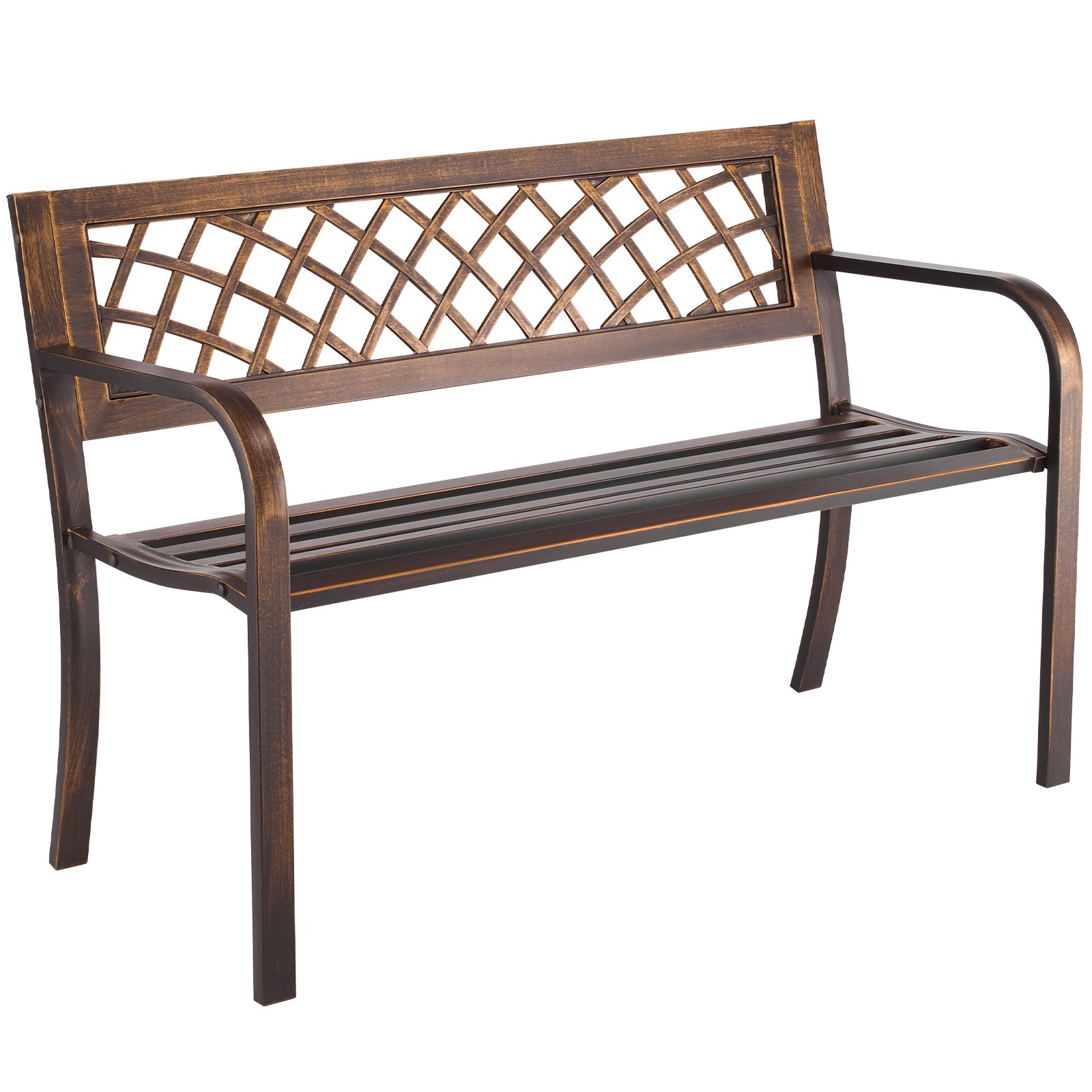 VEVOR Banco de Jardín de Metal 116 cm con Estructura de Acero al Carbono, Respaldo de Malla de PVC, Reposabrazos, Banco para Exterior, Ideal para Patio, Jardín, Parque, Porche, Color Bronce Antiguo