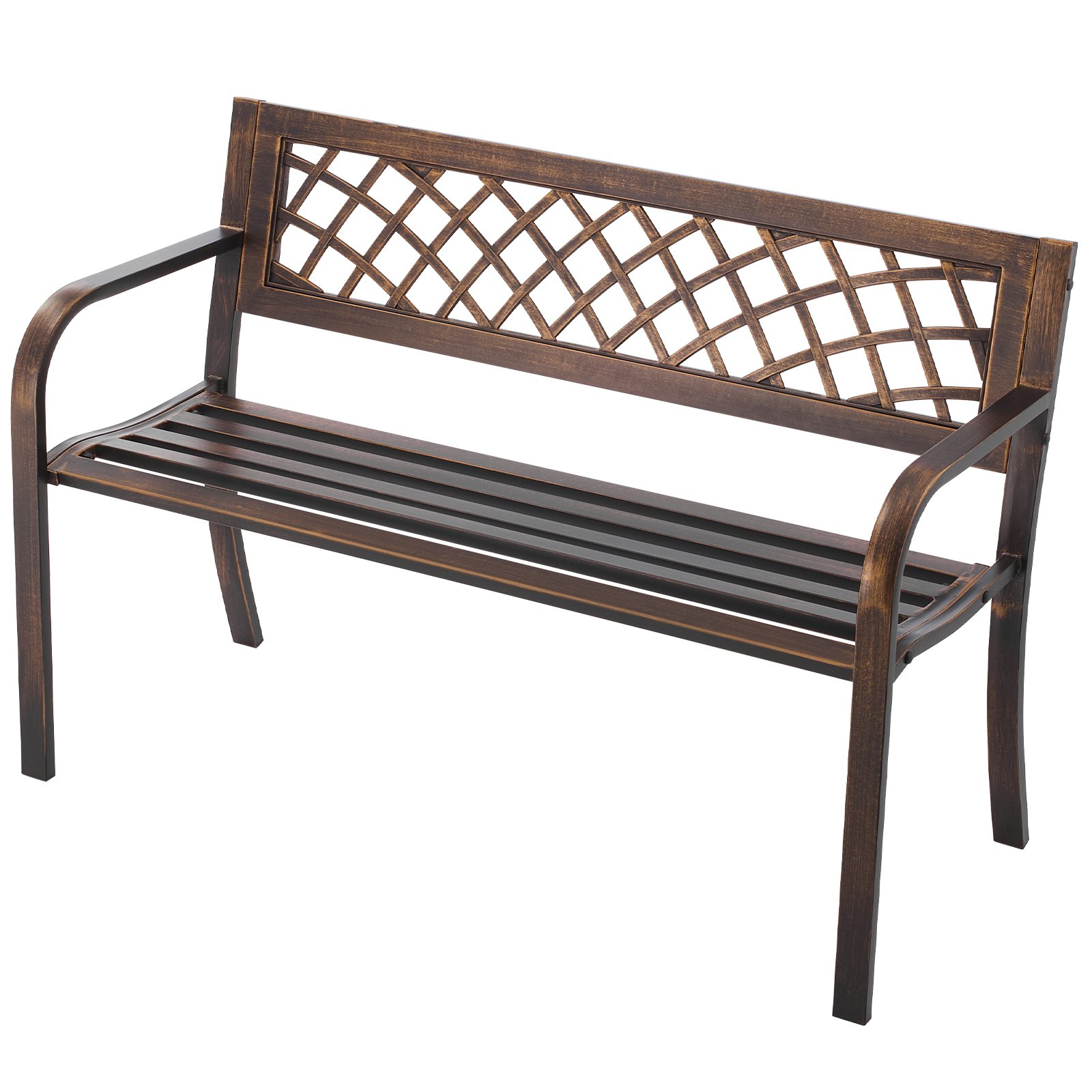 VEVOR Banco de Jardín de Metal 116 cm con Estructura de Acero al Carbono, Respaldo de Malla de PVC, Reposabrazos, Banco para Exterior, Ideal para Patio, Jardín, Parque, Porche, Color Bronce Antiguo