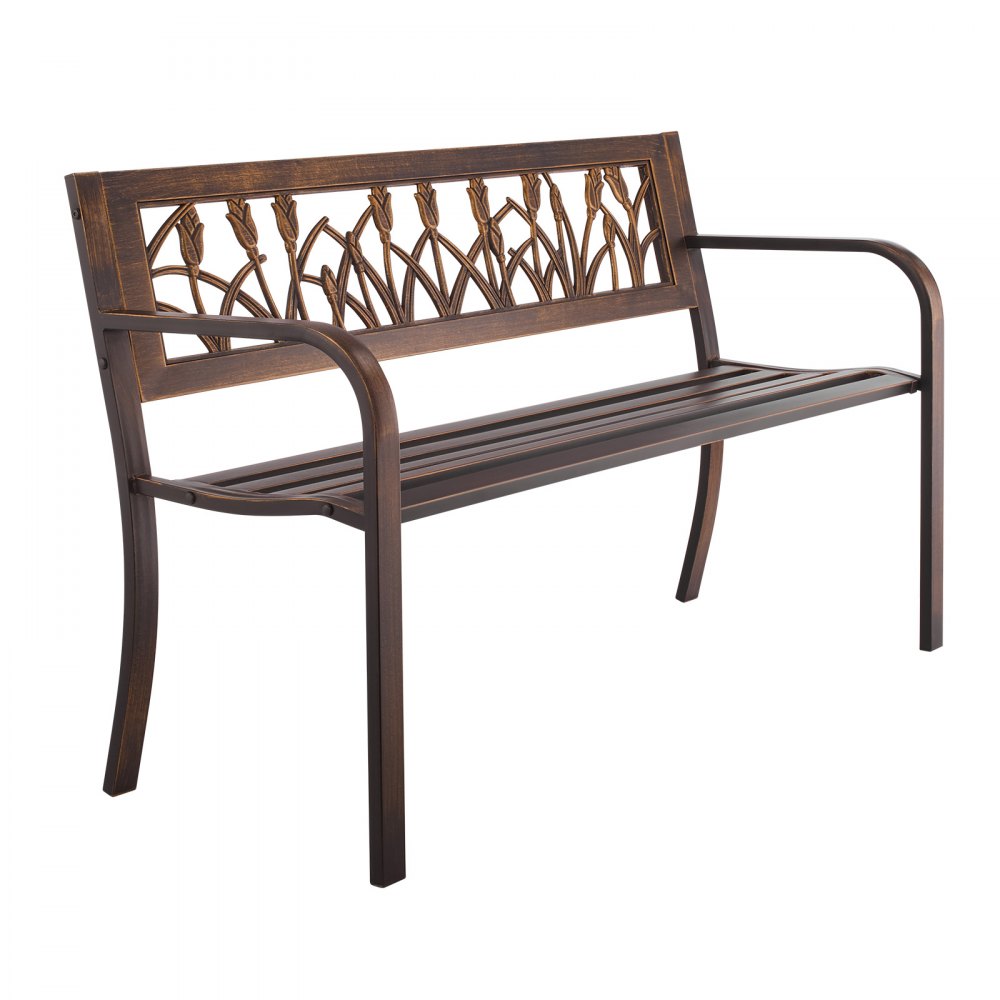 VEVOR Outdoor Bench, 127 cm, Carbon Steel Metal Frame with PVC Floral Pattern Backrest and Round Edge Armrests, Weatherproof Outside Bench for Patio, Garden, Park, Yard, Front Porch, Antique Bronze
