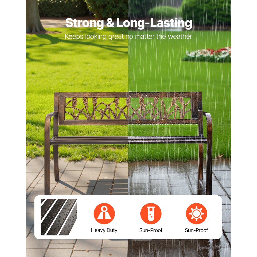 VEVOR Banco de Jardín de Metal 127 cm con Estructura de Acero al Carbono, Respaldo de PVC con Estampado Floral, Reposabrazos, Banco para Exterior, Ideal para Patio, Parque, Color Bronce Antiguo