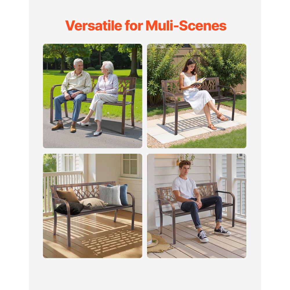 VEVOR Banco de Jardín de Metal 127 cm con Estructura de Acero al Carbono, Respaldo de PVC con Estampado Floral, Reposabrazos, Banco para Exterior, Ideal para Patio, Parque, Color Bronce Antiguo