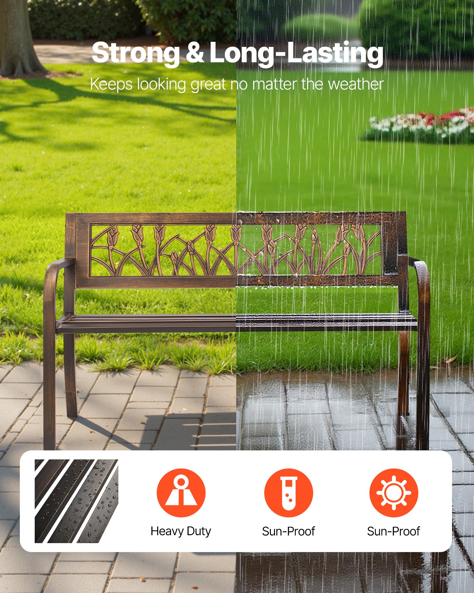 VEVOR Banco de Jardín de Metal 127 cm con Estructura de Acero al Carbono, Respaldo de PVC con Estampado Floral, Reposabrazos, Banco para Exterior, Ideal para Patio, Parque, Color Bronce Antiguo
