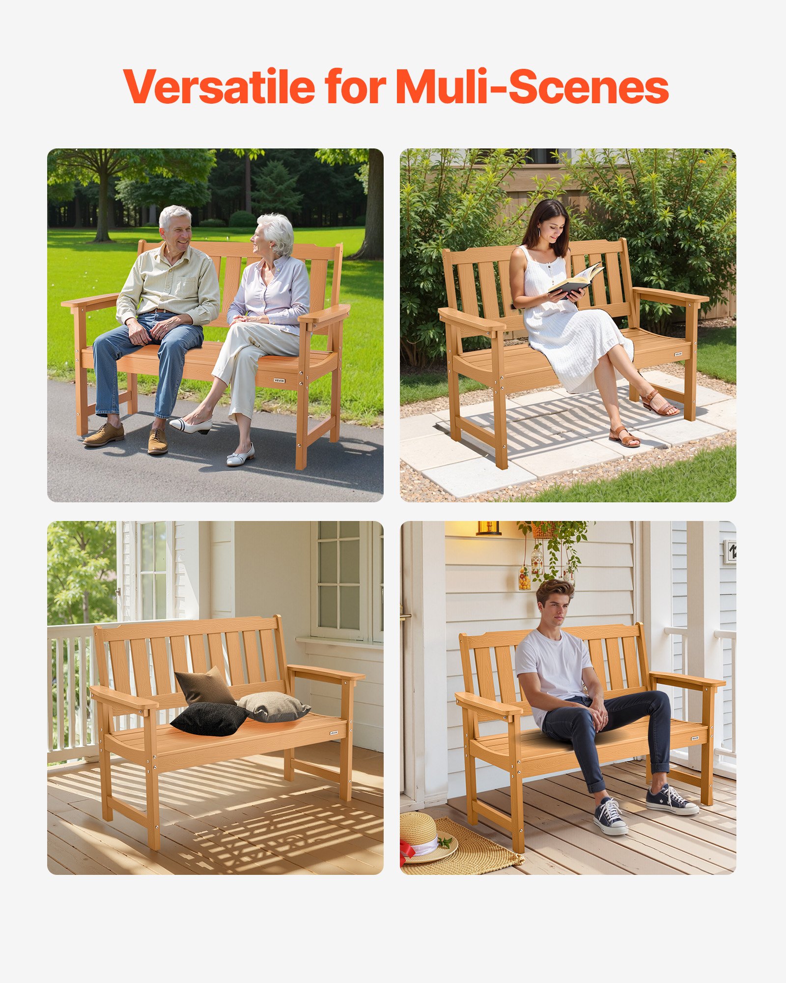 VEVOR Banco de Jardín 1283 x 620 x 930 mm Banco de Exterior para 2-3 Personas Estructura de Plástico con Respaldo y Reposabrazos Asiento Exterior para Patio, Jardín, Parque, Porche, Color de Madera