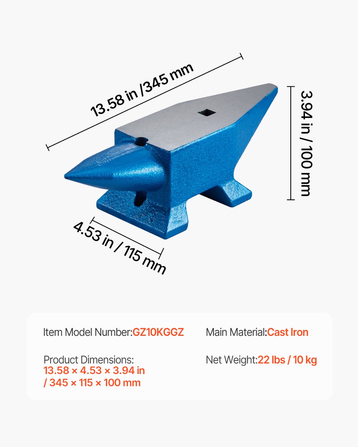VEVOR Single Horn Anvil 10 kg Steel Anvil, Blacksmithing Tools with Round & Square Hole, Anvil, Robust Blacksmith, Jeweler, Durable & Robust Metalworking Tool