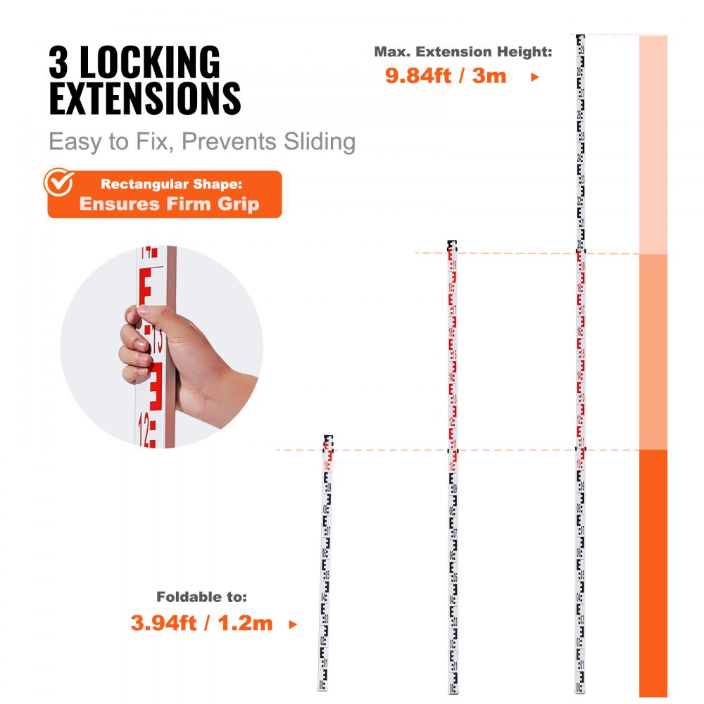 VEVOR Aluminum Measuring Rod, 3 m Metric Telescopic Measuring Rod, Double-Sided Scale in cm/mm, Leveling Rod, Aluminum Alloy Surveying Rod with Spirit Level and Carrying Case for Measuring Houses, Walls, Floors