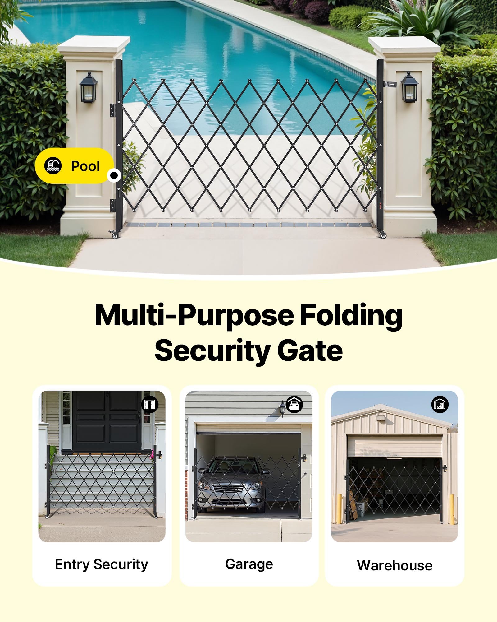 VEVOR Single Folding Security Gate, Lockable Scissor Gate with 360° Swivel Casters, Outdoor Barricade Steel Retractable Gates, for Entry Security, Garage, Warehouse & Pool, 1900 x 1310 mm (W x H)