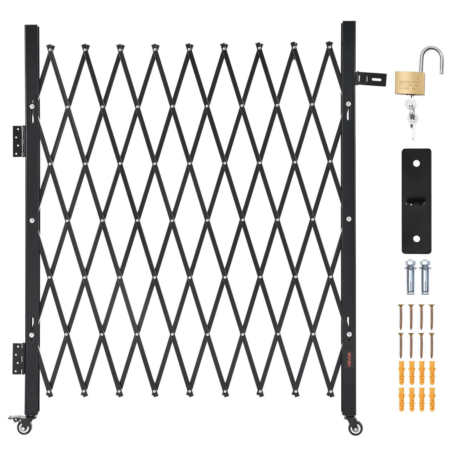 VEVOR Single Folding Security Gate, Lockable Scissor Gate with 360° Swivel Casters, Outdoor Barricade Steel Retractable Gates, for Entry Security, Garage, Warehouse & Pool, 1900 x 1310 mm (W x H)