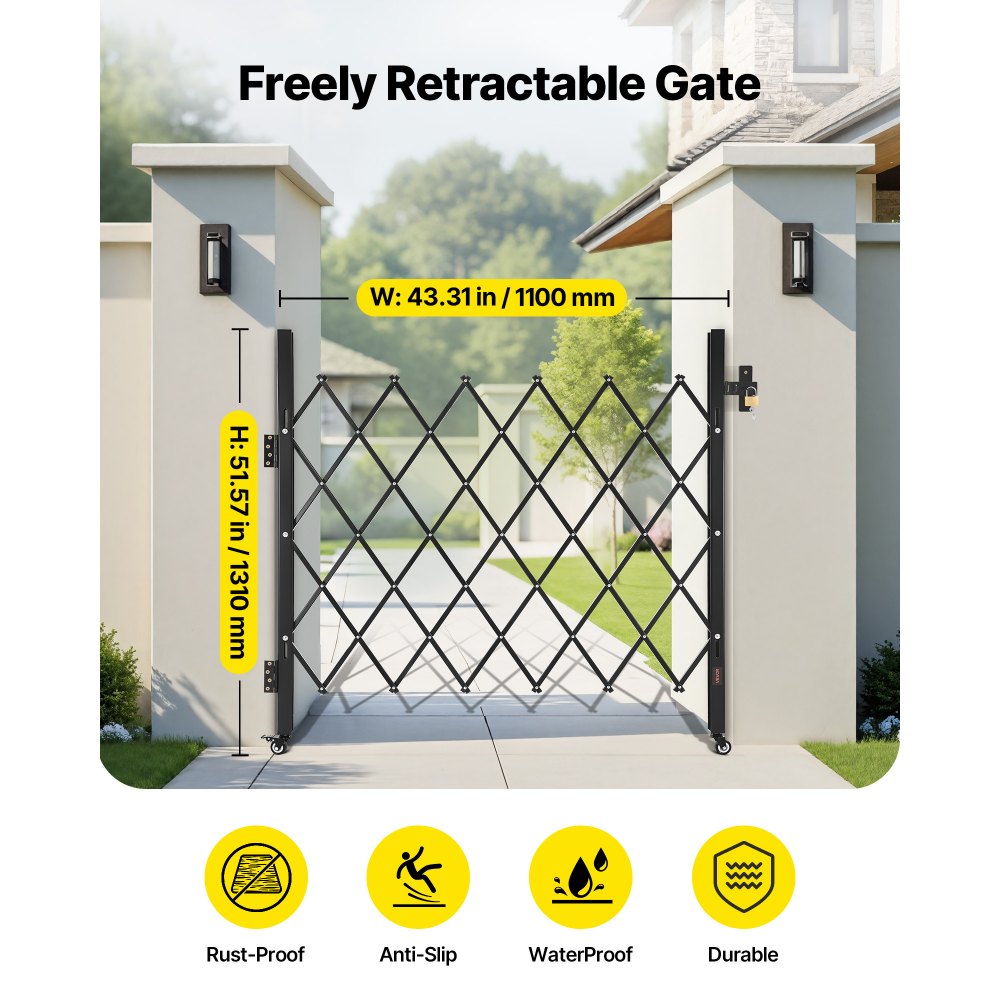 VEVOR Puerta de Seguridad Plegable Individual, Puerta Retráctil  de Tijera de Acero 110 x 131 cm con Cerradura y Ruedas Giratorias de 360° para Seguridad de Entrada, Garaje, Almacén y Piscina