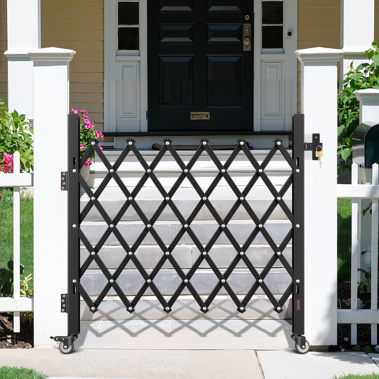 VEVOR Single Folding Security Gate, Lockable Scissor Gate with 360° Swivel Casters, Outdoor Barricade Steel Retractable Gates, for Entry Security, Garage, Warehouse & Pool, 1100 x 1310 mm (W x H)