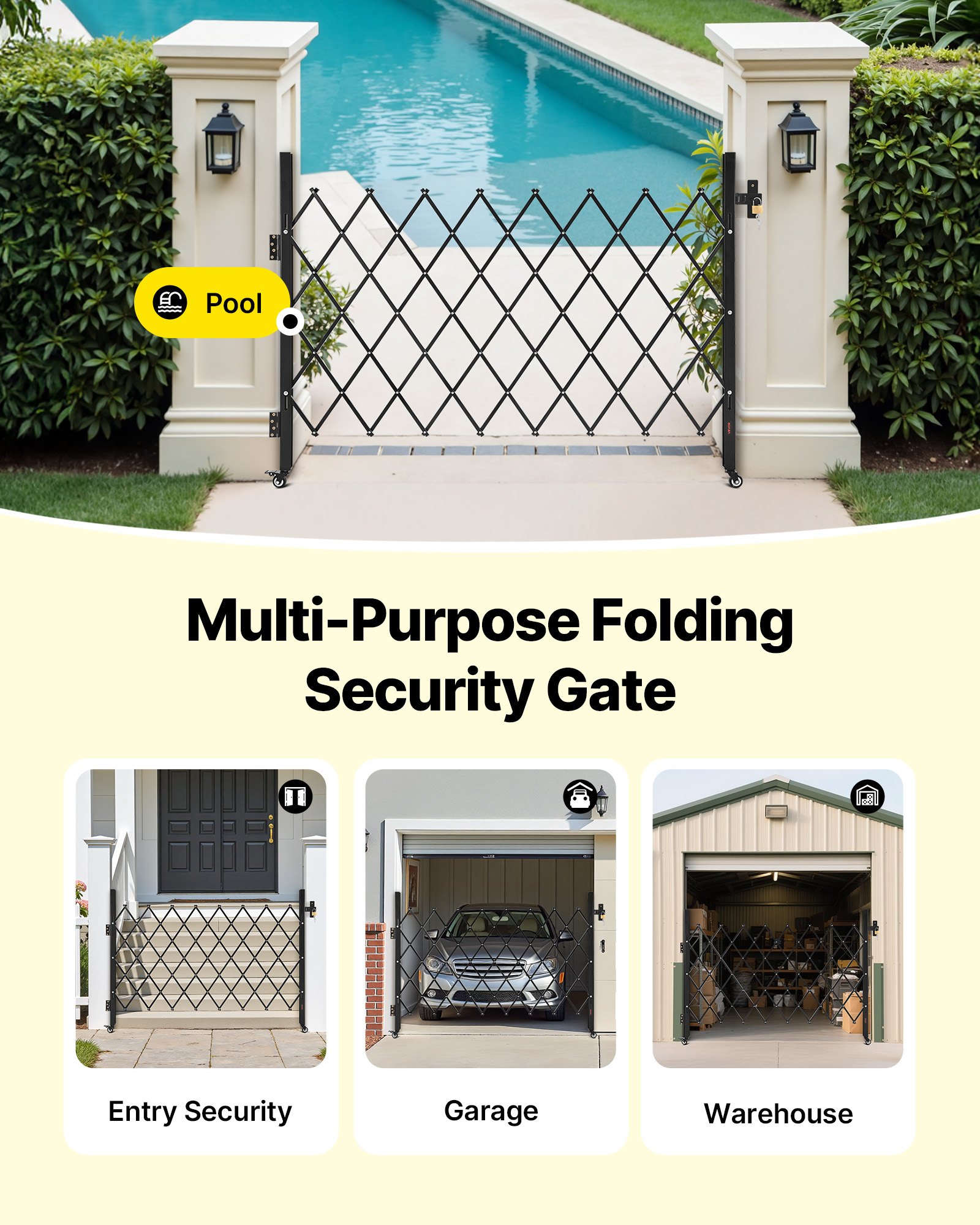 VEVOR Single Folding Security Gate, Lockable Scissor Gate with 360° Swivel Casters, Outdoor Barricade Steel Retractable Gates, for Entry Security, Garage, Warehouse & Pool, 1700 x 1310 mm (W x H)