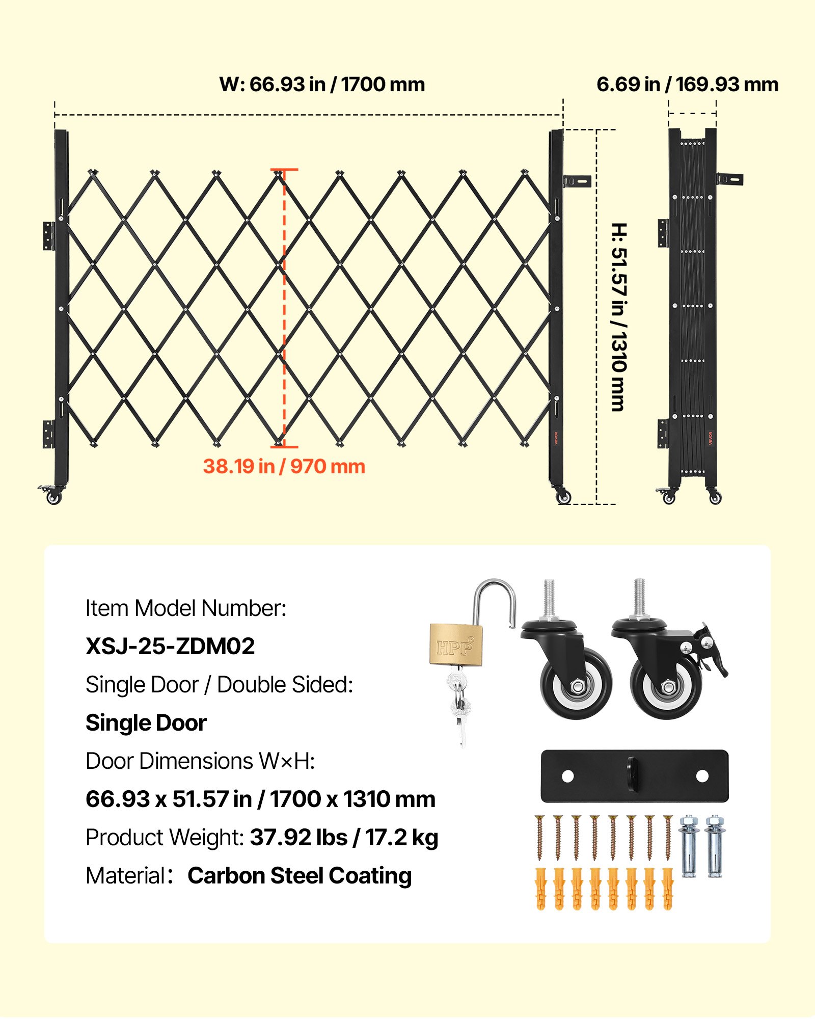VEVOR Single Folding Security Gate, Lockable Scissor Gate with 360° Swivel Casters, Outdoor Barricade Steel Retractable Gates, for Entry Security, Garage, Warehouse & Pool, 1700 x 1310 mm (W x H)