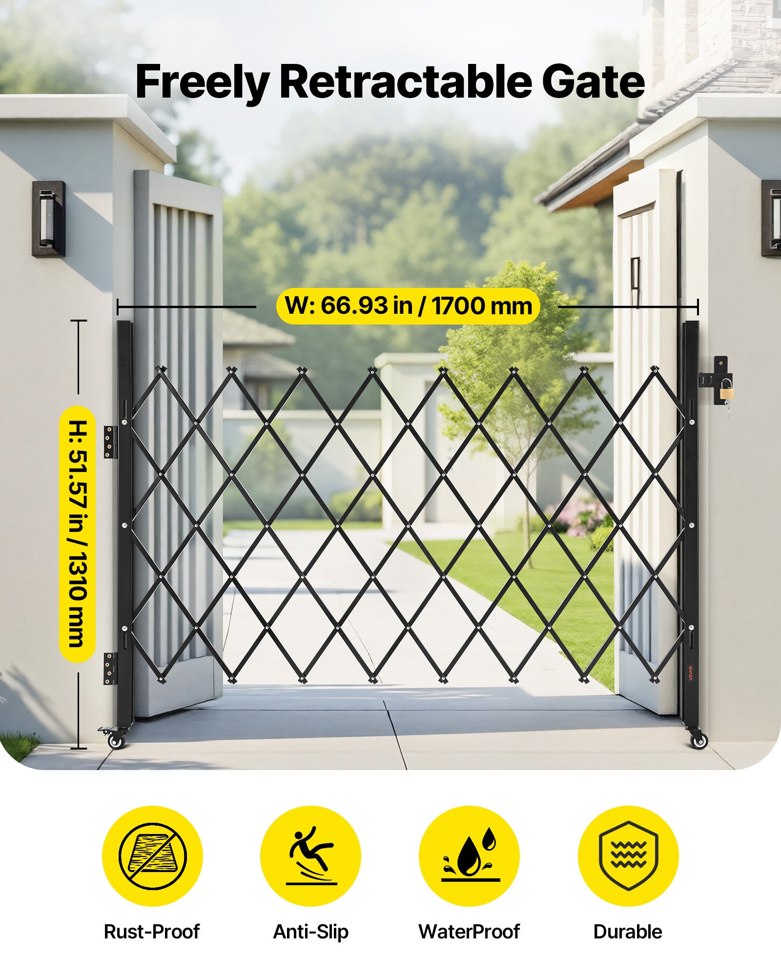 VEVOR Puerta de Seguridad Plegable Individual, Puerta Retráctil  de Tijera de Acero 170 x 131 cm con Cerradura y Ruedas Giratorias de 360° para Seguridad de Entrada, Garaje, Almacén y Piscina