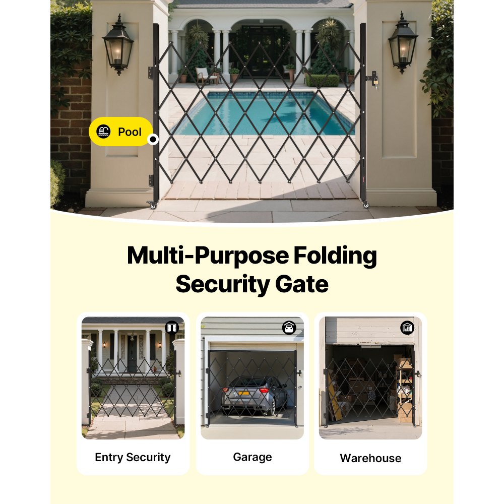 VEVOR Puerta de Seguridad Plegable Individual, Puerta Retráctil  de Tijera de Acero 180 x 161 cm con Cerradura y Ruedas Giratorias de 360° para Seguridad de Entrada, Garaje, Almacén y Piscina