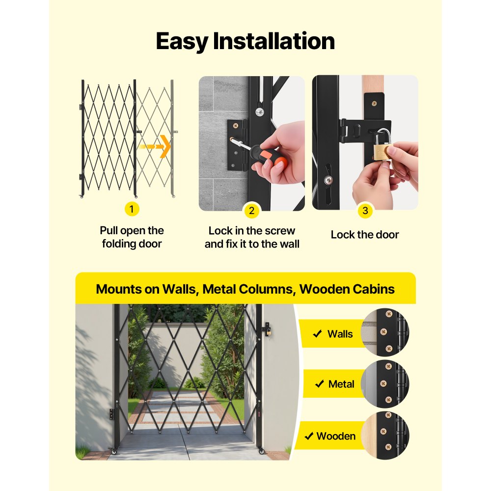 VEVOR Puerta de Seguridad Plegable Individual, Puerta Retráctil  de Tijera de Acero 1260 x 1975 mm con Cerradura y Ruedas Giratorias de 360° para Seguridad de Entrada, Garaje, Almacén y Piscina