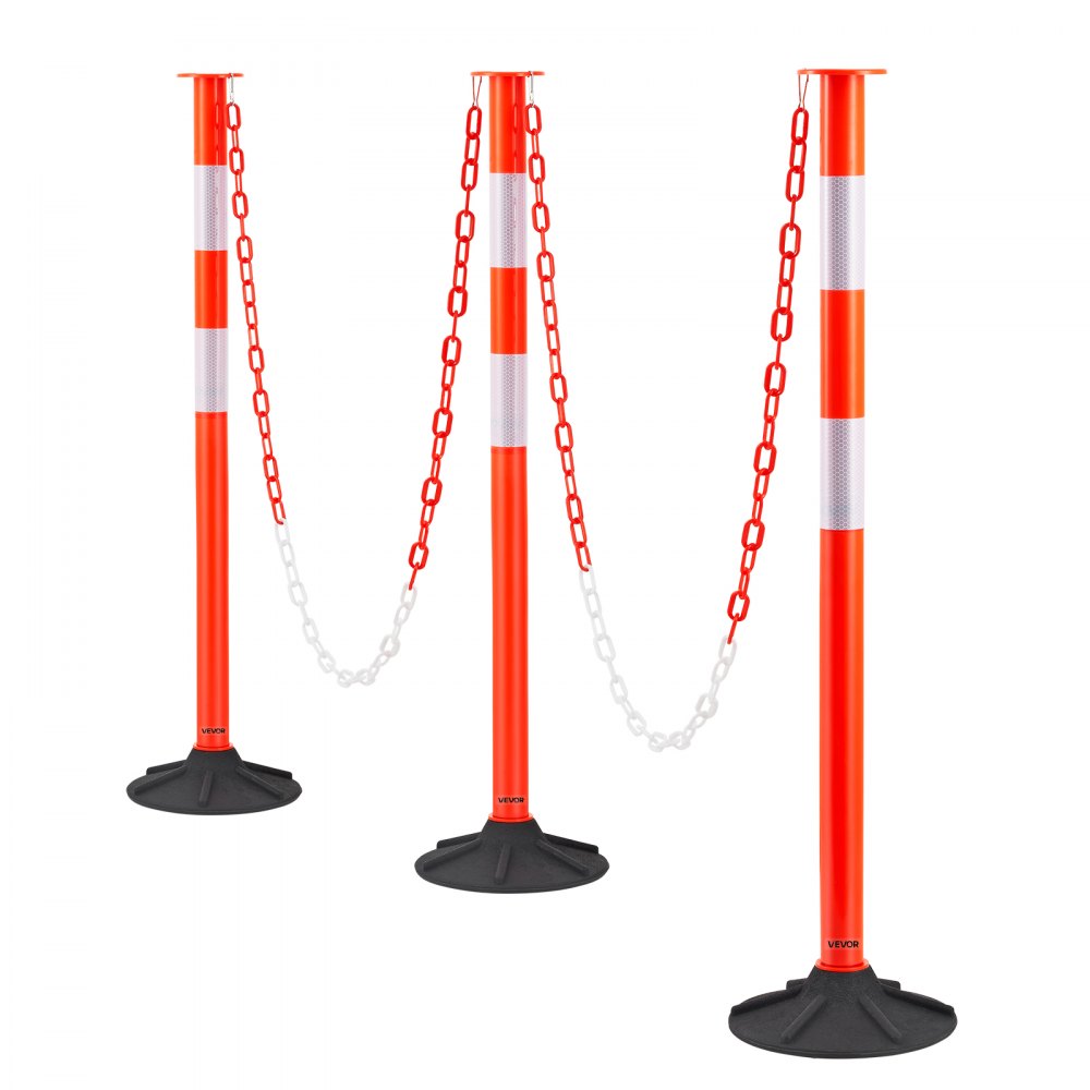 VEVOR Juego de 3 Postes de Tráfico 871 mm Bolardo de Tráfico con Base con Peso y Cadenas Poste de Señalización con Tiras Reflectantes para Aparcamiento, Estadios Deportivos, Lugares de Exhibición