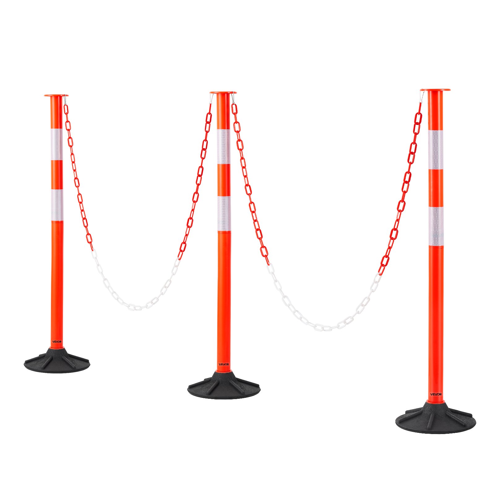 VEVOR Juego de 3 Postes de Tráfico 871 mm Bolardo de Tráfico con Base con Peso y Cadenas Poste de Señalización con Tiras Reflectantes para Aparcamiento, Estadios Deportivos, Lugares de Exhibición