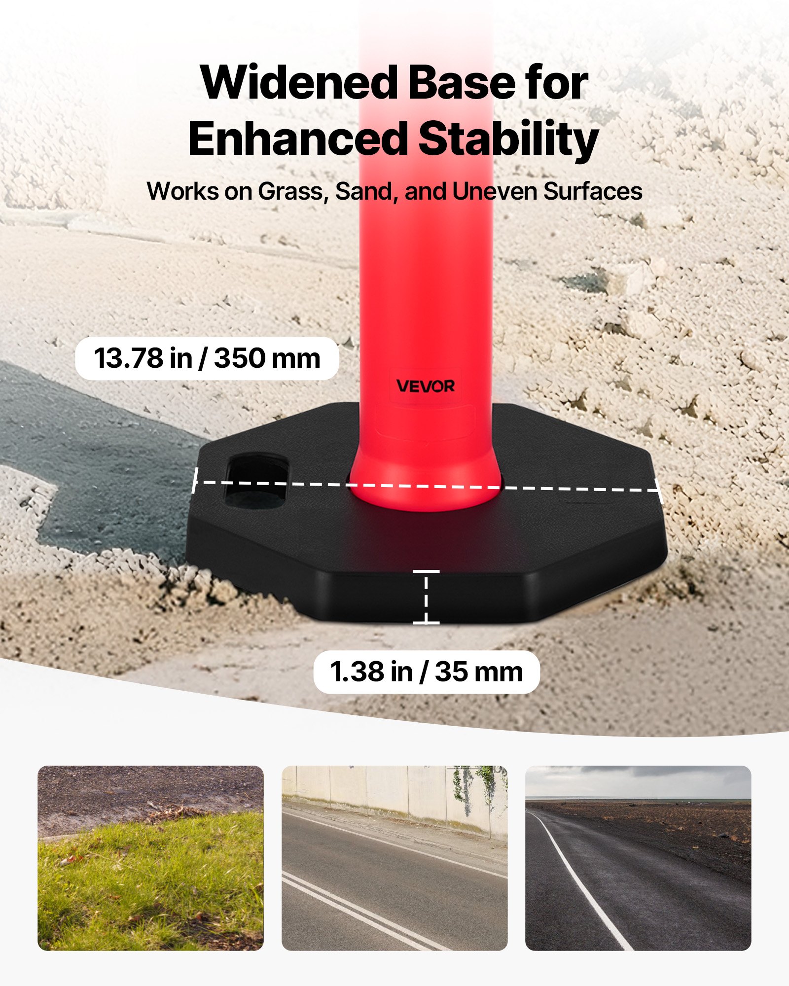 VEVOR Postes de Tráfico 3 Piezas Bolardo de Tráfico 1140 mm con Banda Reflectante y Base con Oeso 350 mm Postes de Barrera Resistentes para Aparcamiento, Estadios Deportivos, Lugares de Exhibición