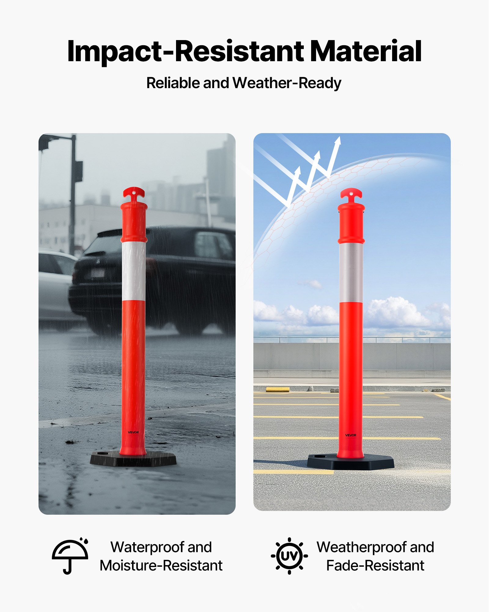 VEVOR Postes de Tráfico 3 Piezas Bolardo de Tráfico 1140 mm con Banda Reflectante y Base con Oeso 350 mm Postes de Barrera Resistentes para Aparcamiento, Estadios Deportivos, Lugares de Exhibición