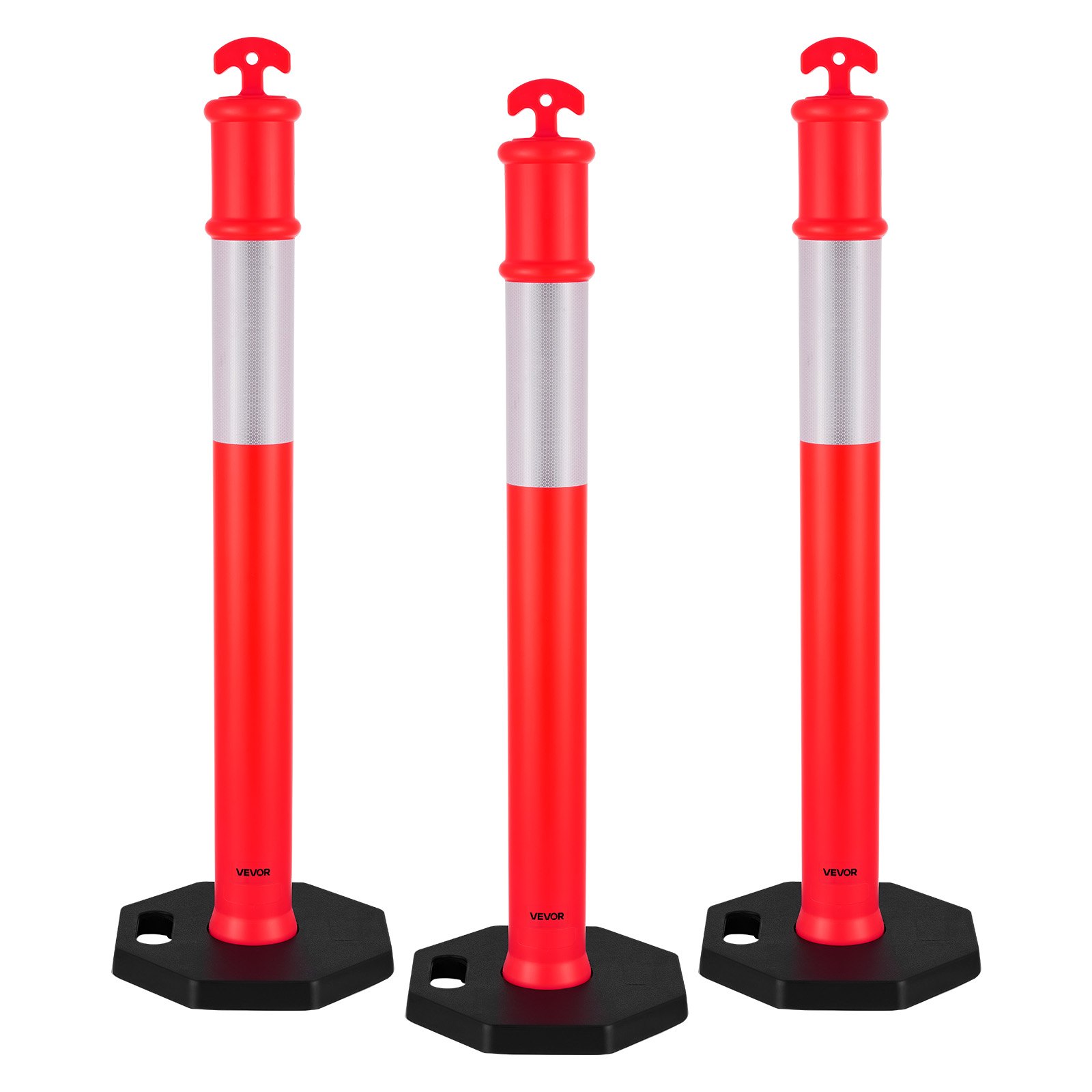 VEVOR Postes de Tráfico 3 Piezas Bolardo de Tráfico 1140 mm con Banda Reflectante y Base con Oeso 350 mm Postes de Barrera Resistentes para Aparcamiento, Estadios Deportivos, Lugares de Exhibición