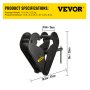 Abrazadera de viga VEVOR con dimensiones y especificaciones del producto en el fondo.