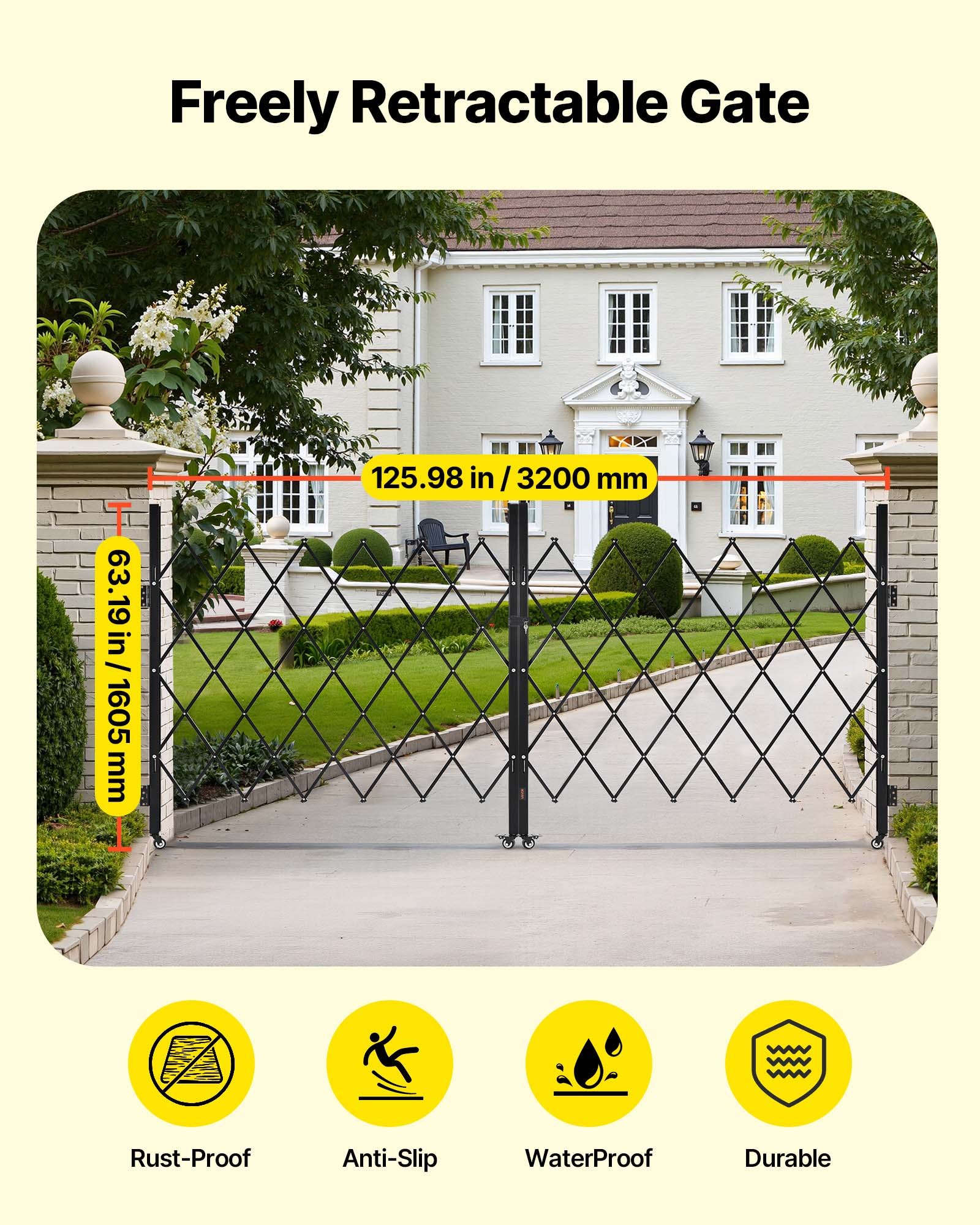 VEVOR Puerta de Seguridad Plegable Doble, Puerta Retráctil de Tijera de Acero 3200 x 1605 mm con Cerradura y Ruedas Giratorias de 360° para Seguridad de Entrada, Garaje, Almacén y Piscina, Negro