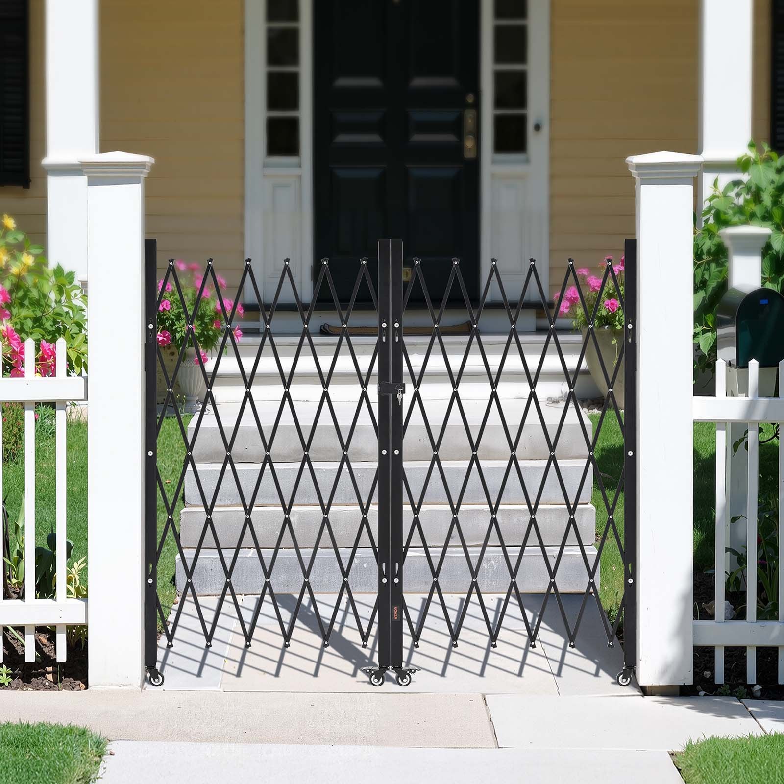 VEVOR Puerta de Seguridad Plegable Doble, Puerta Retráctil de Tijera de Acero 3200 x 1605 mm con Cerradura y Ruedas Giratorias de 360° para Seguridad de Entrada, Garaje, Almacén y Piscina, Negro
