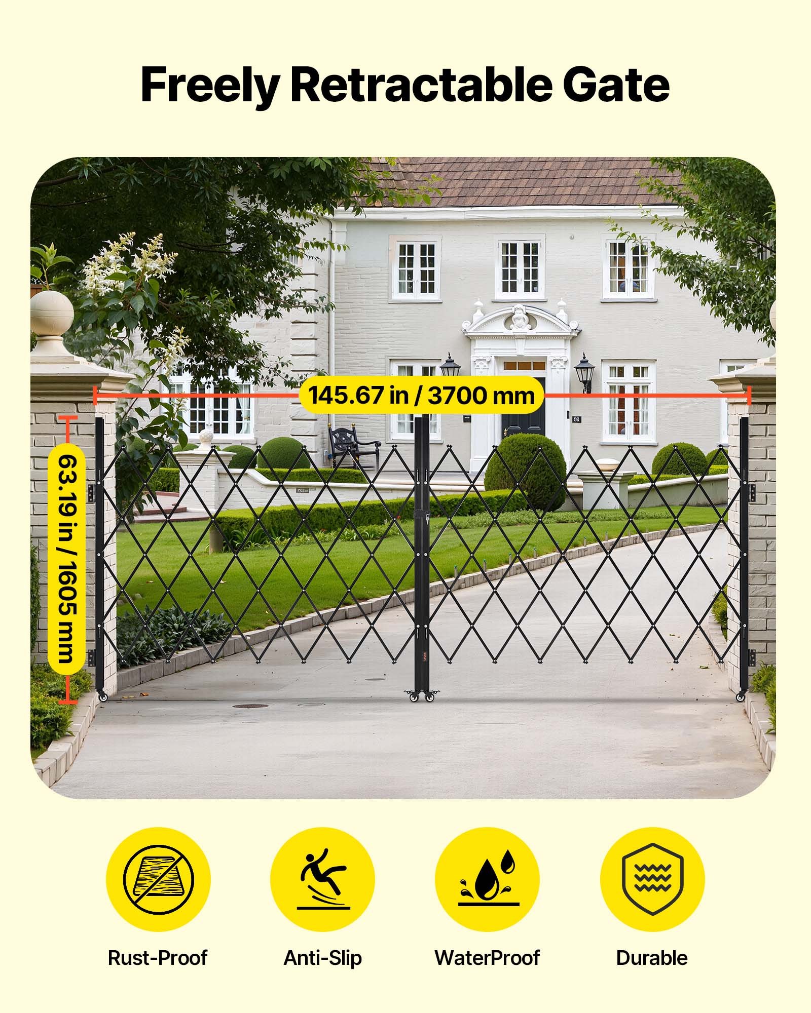 VEVOR Puerta de Seguridad Plegable Doble, Puerta Retráctil de Tijera de Acero 3700 x 1605 mm con Cerradura y Ruedas Giratorias de 360° para Seguridad de Entrada, Garaje, Almacén y Piscina, Negro
